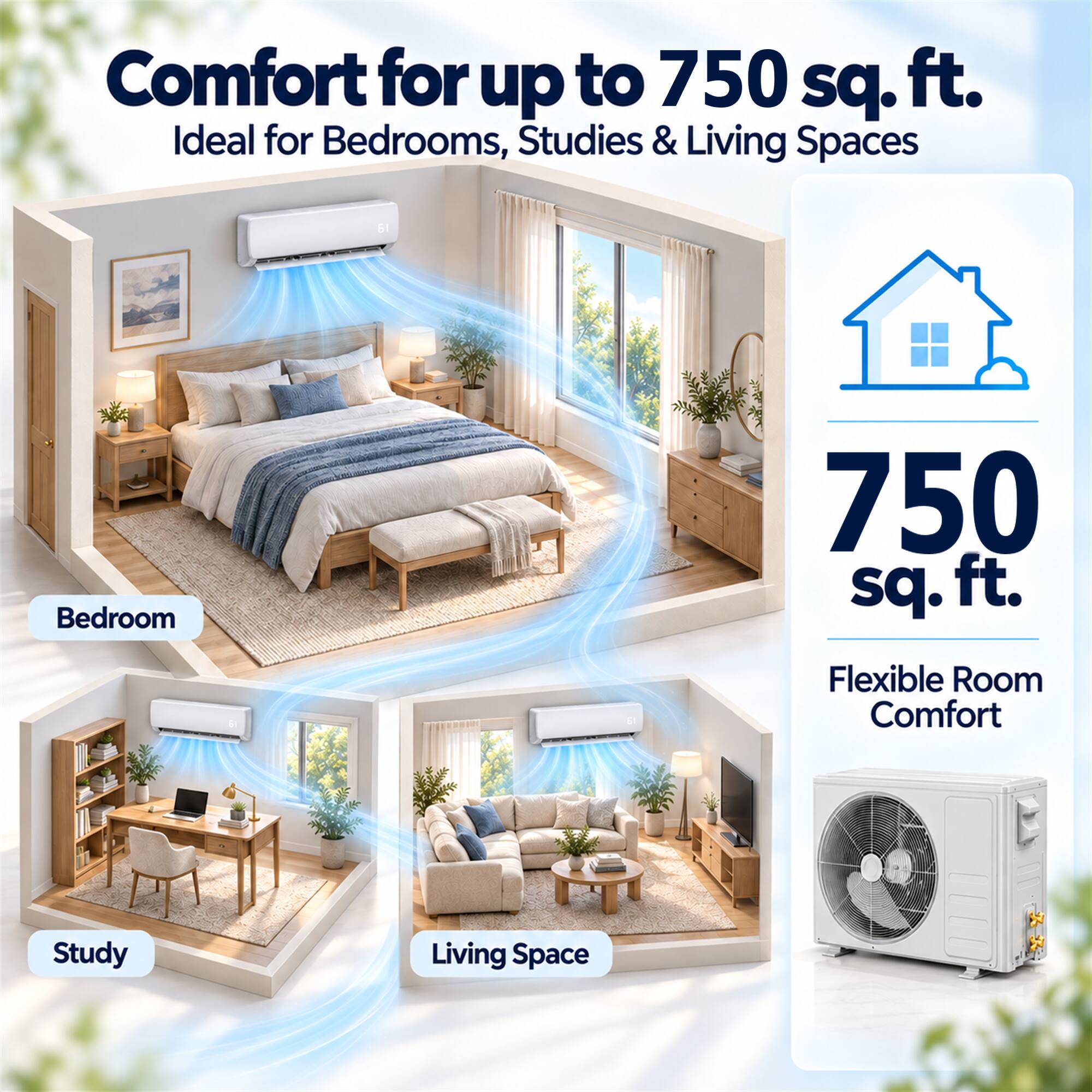 Comfort for up to 750 sq. ft. Ideal for Bedrooms, Studies & Living Spaces

Bedroom
750 sq. ft.

Study

Living Space

750 sq. ft.

Flexible Room Comfort