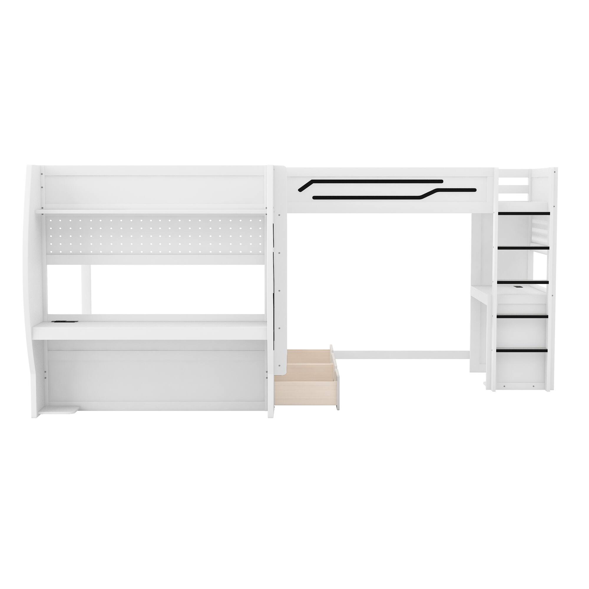 Back. Whisen - L-Shaped Full and Twin Size Gaming Bunk Bed with Built-in Desks,Storage,Pegboard,LED Light and Charging Station - White.