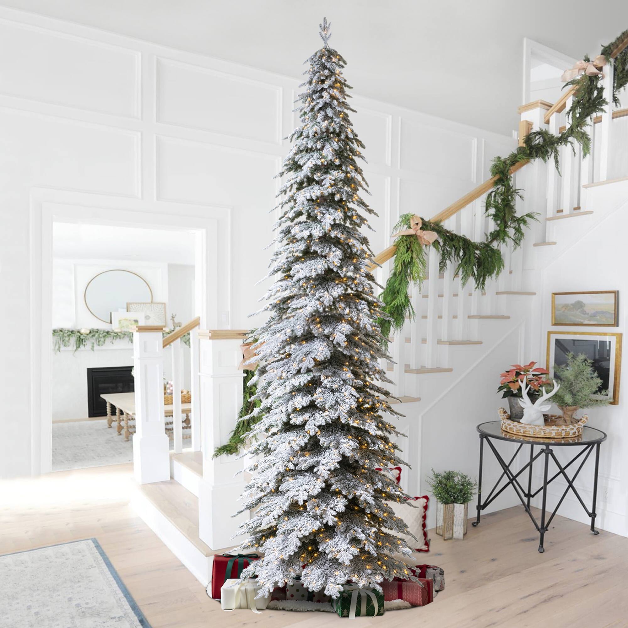 Alt View 9. Glitzhome - 15ft Pre-Lit Flocked Pencil Spruce Artificial Christmas Tree with 1400 Warm White Lights - White.