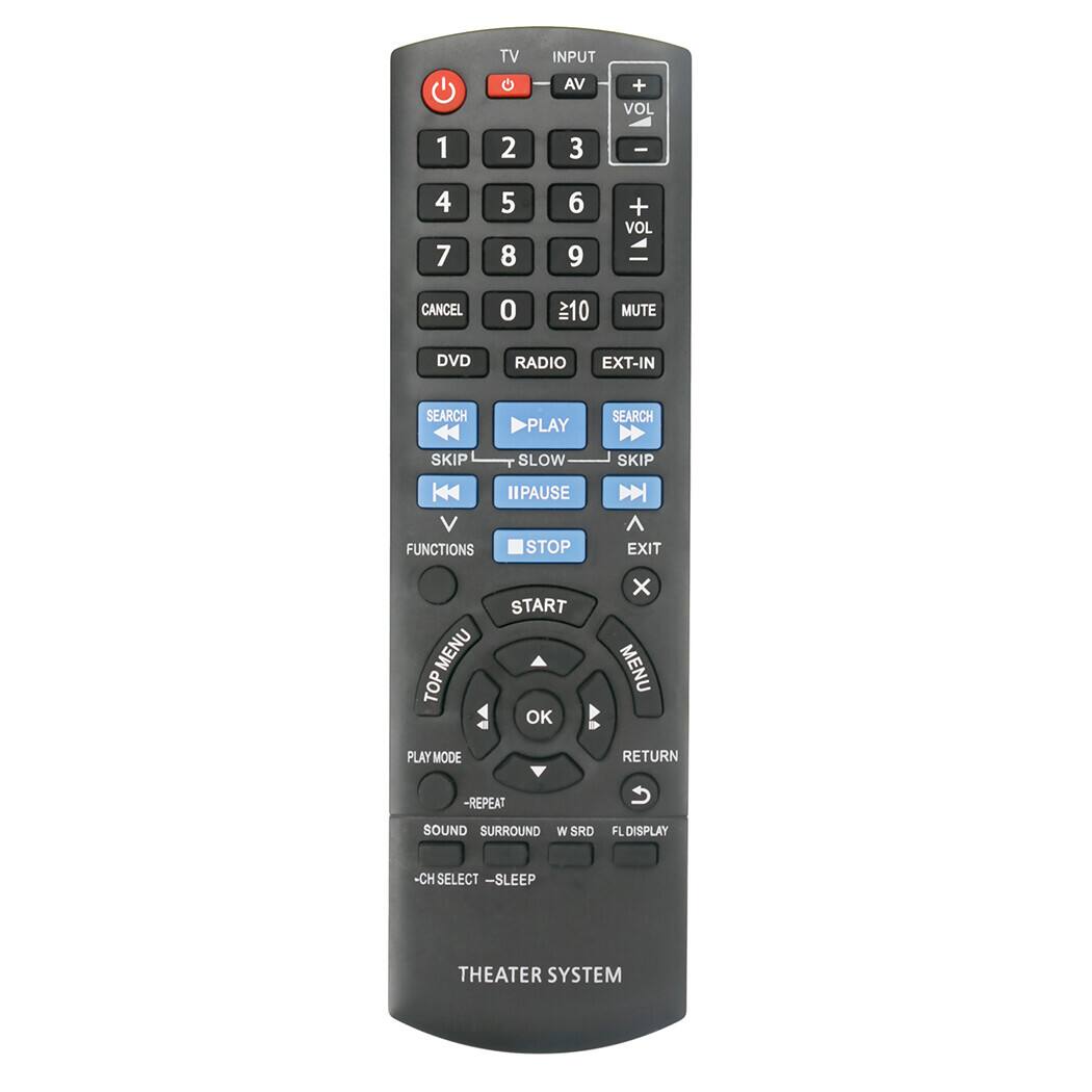 TV INPUT AV + VOL 1 2 3 4 5 6 7 8 9 + VOL CANCEL 0 10 MUTE DVD RADIO EXT-IN SEARCH PLAY SEARCH SKIP SLOW SKIP IPAUSE V FUNCTIONS STOP D EXIT MENU TOP START OK X MENU PLAYMODE RETURN -REPEAT SOUND SURROUND W SRD FL DISPLAY -CH SELECT -SLEEP THEATER SYSTEM