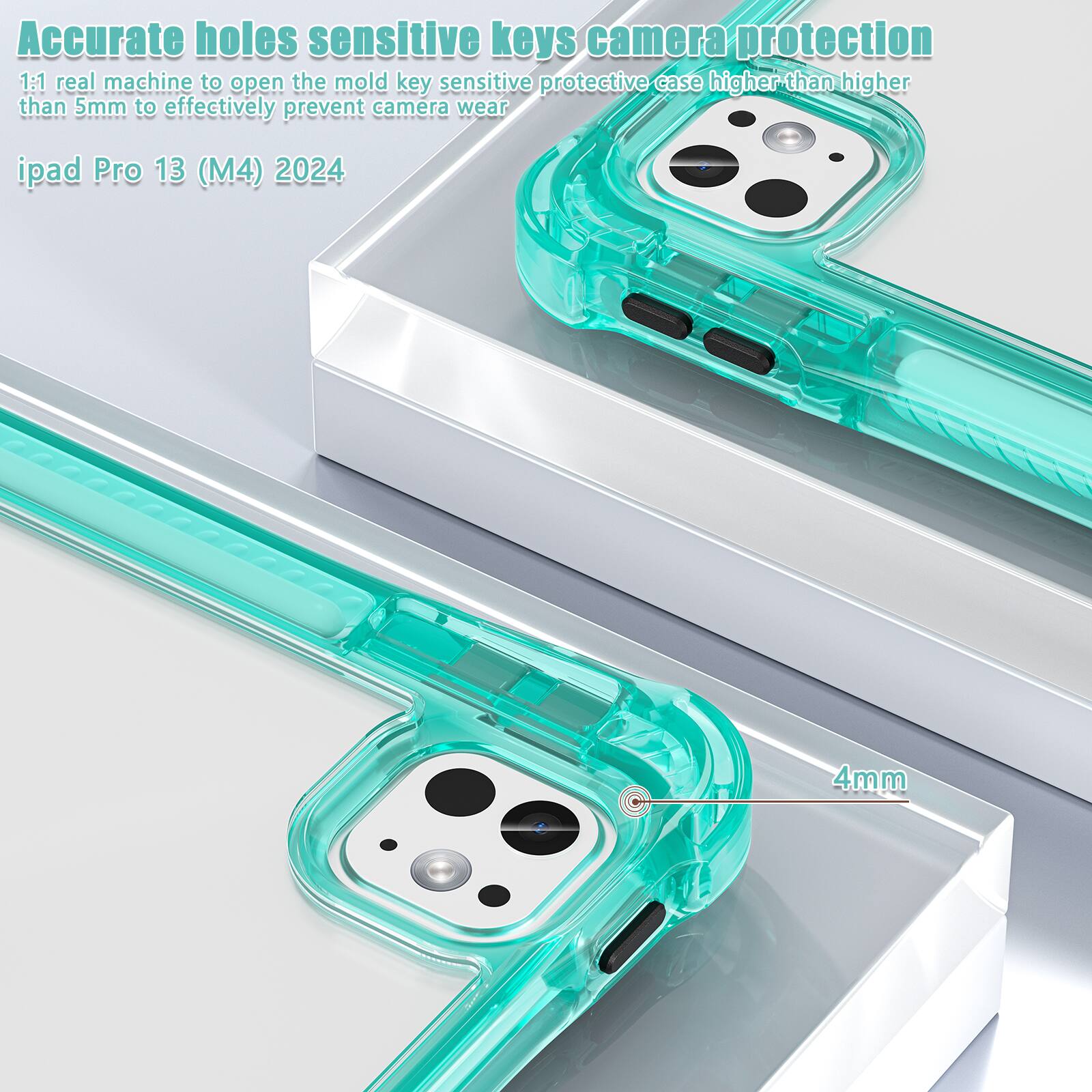 Accurate holes sensitive keys camera protection  
1:1 real machine to open the mold key sensitive protective case higher than 5mm to effectively prevent camera wear  
ipad Pro 13 (M4) 2024  
4mm