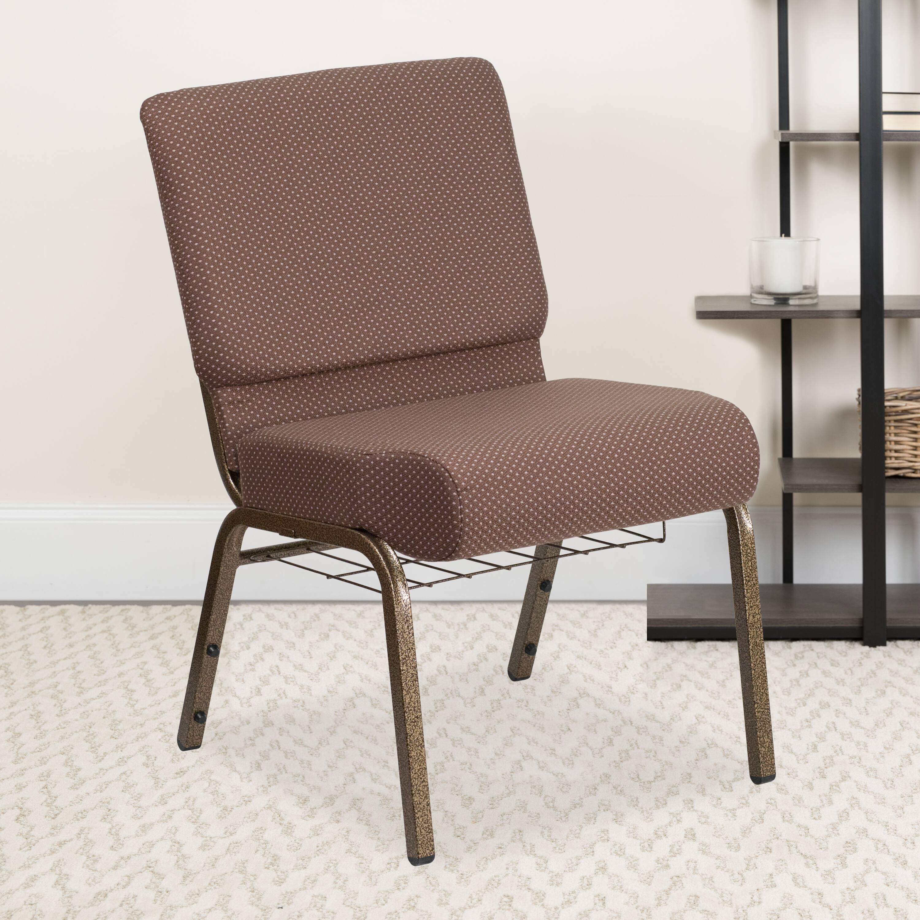 Alt View 1. Emma + Oliver - 21"W Church/Reception Guest Chair with Communion Cup Book Rack - Brown Dot Fabric/Gold Vein Frame.
