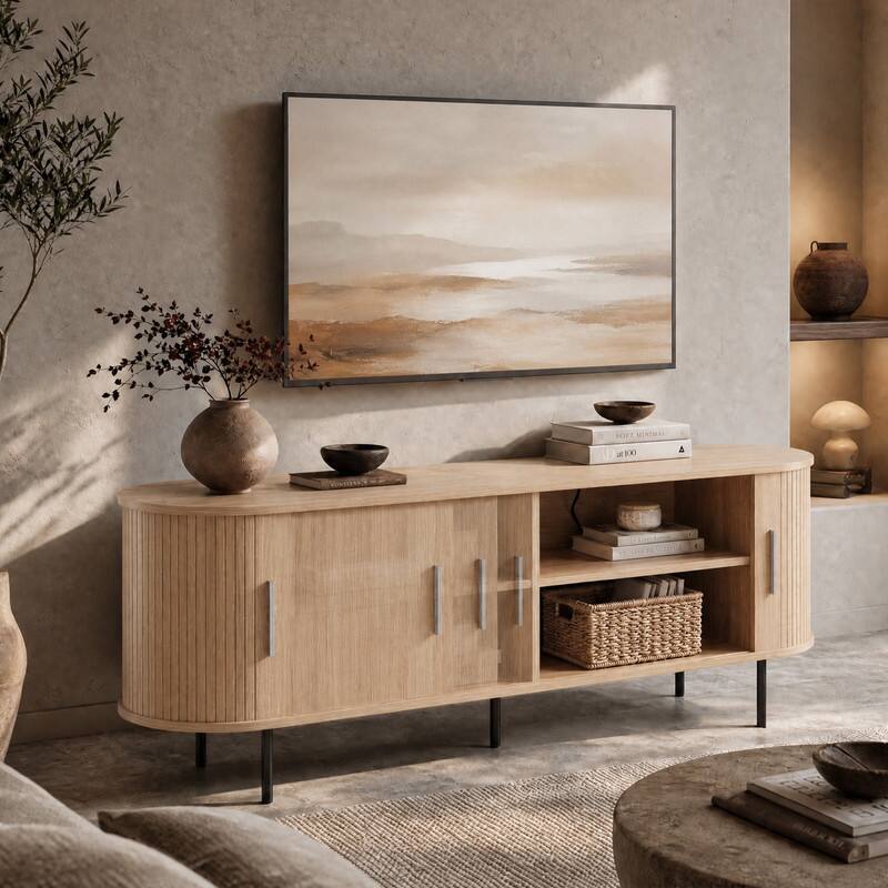 Angle. WELLFOR - 55" Fluted TV Stand for TVs up to 60", Mid Century Curved Entertainment Center - Natural.