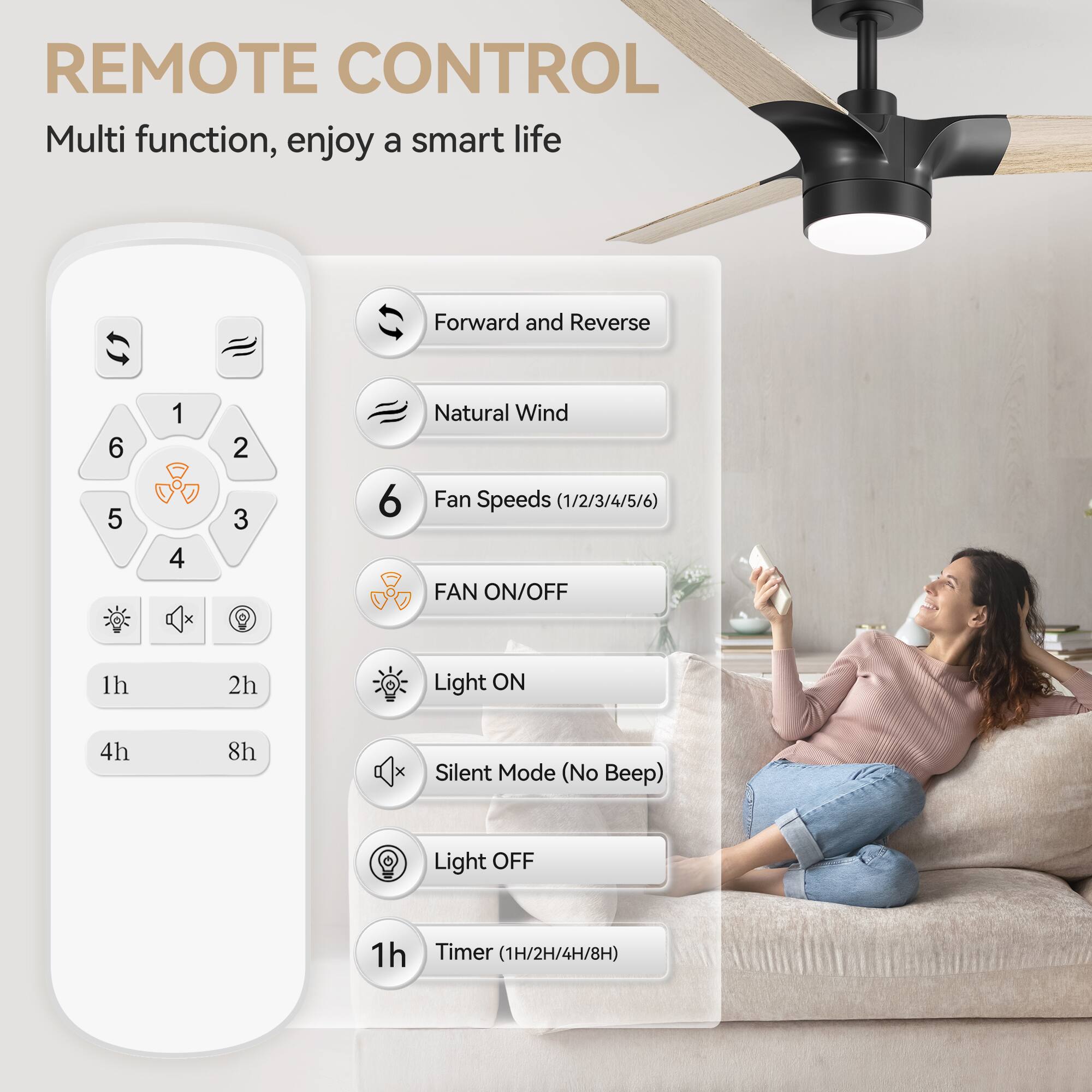 REMOTE CONTROL
Multi function, enjoy a smart life
Forward and Reverse
6 5 1 4 2 3 6
Natural Wind
Fan Speeds (1/2/3/4/5/6)
FAN ON/OFF
1h 2h
Light ON
4h 8h
Silent Mode (No Beep)
Light OFF
1h
Timer (1H/2H/4H/8H)