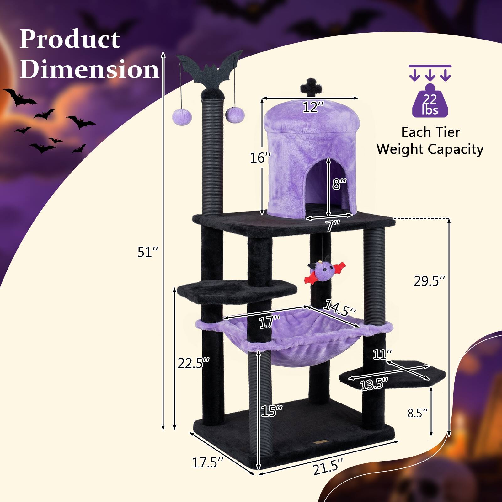 Product Dimension: 51" x 22.5" x 21.5"  
Weight: 22 lbs  
Each Tier Weight Capacity: 80 lbs  
Dimensions: 12" x 16" x 8" x 7" x 14.5" x 11" x 13.5" x 8.5" x 17.5"