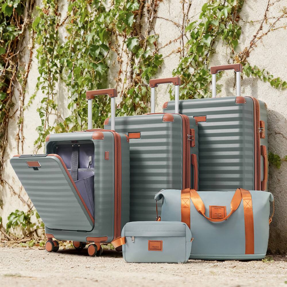 Alt View 1. Ecooso - 5-Piece Expandable ABS Spinner Luggage Set with TSA Lock, USB Port Carry-On, Cup Holder, Duffel, and Toiletry Bag - Blue+Grey.