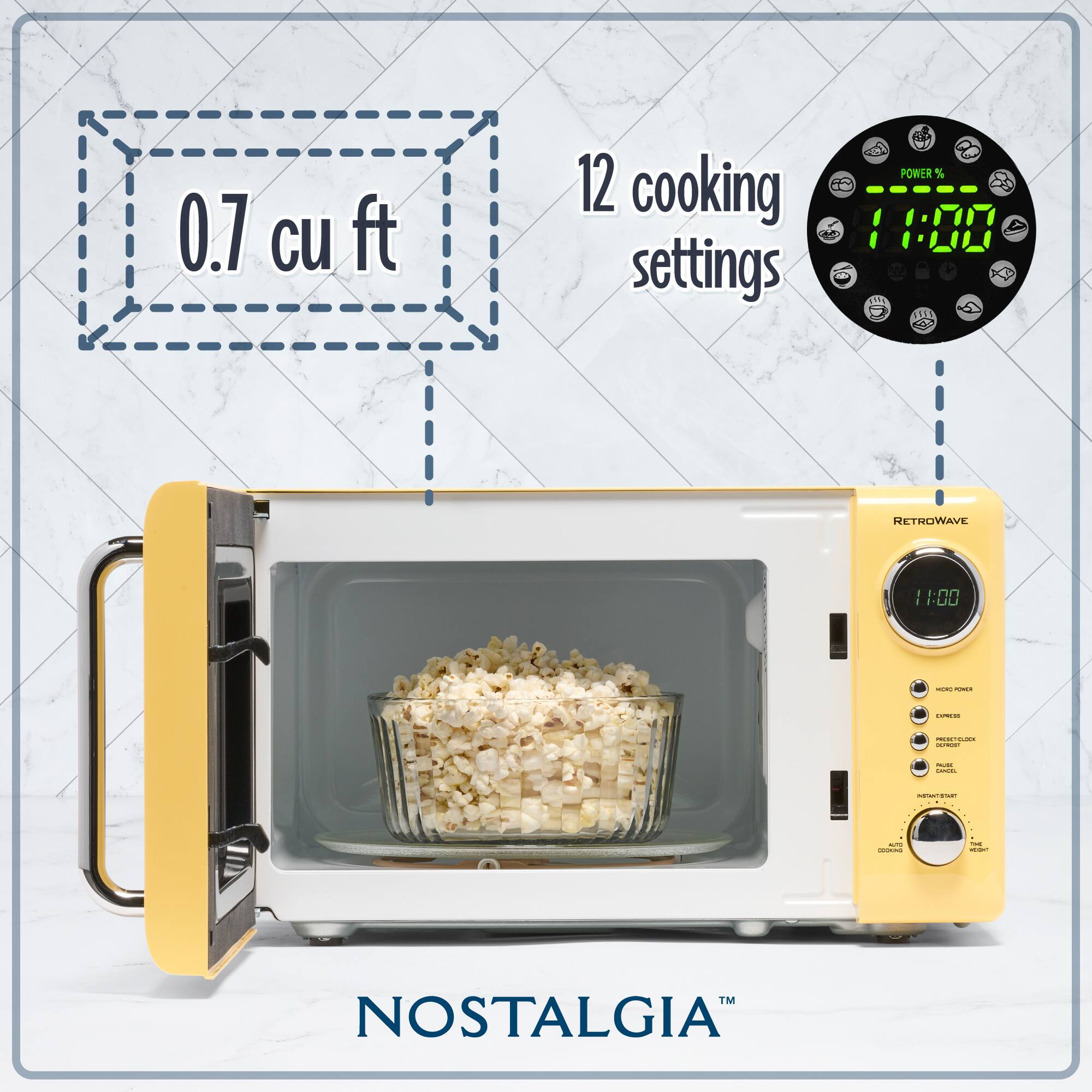 0.7 cu ft  
12 cooking settings  
RETROWAVE  
NOSTALGIA™