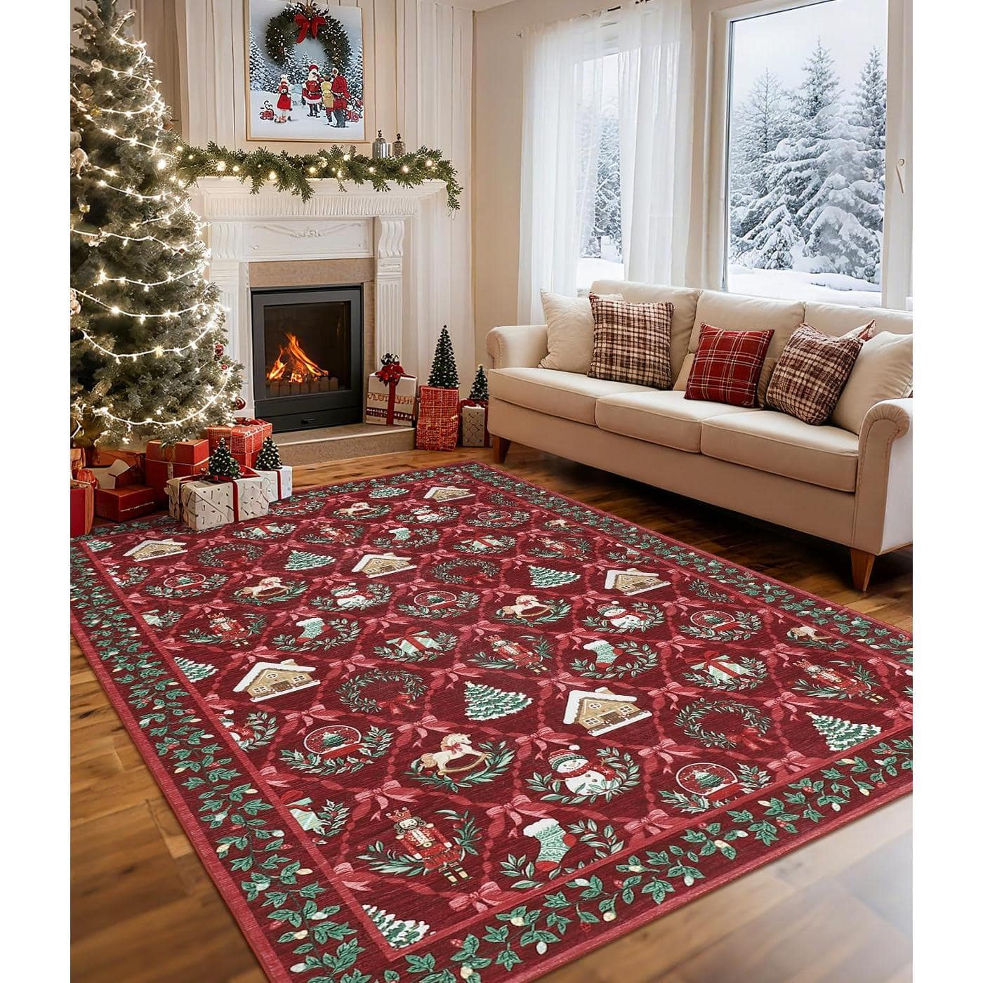 Paradigms Interiors - Christmas Runner Rug 2. Runners For Hallways Non Slip Washable Kitchen Rugs With Coquette Bow Pattern Low-p - Red-6' x 9' (Rectangular)
