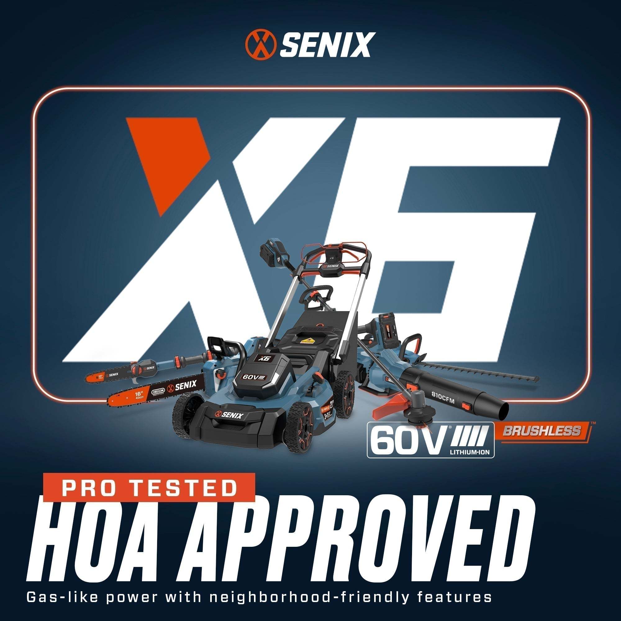 SENIX  
X5  
SENIX 1  
B10CFM  
SENIX ML II  
BRUSHLESS  
60V LITHIUM-ION  
PRO TESTED  
HOA APPROVED  
Gas-like power with neighborhood-friendly features