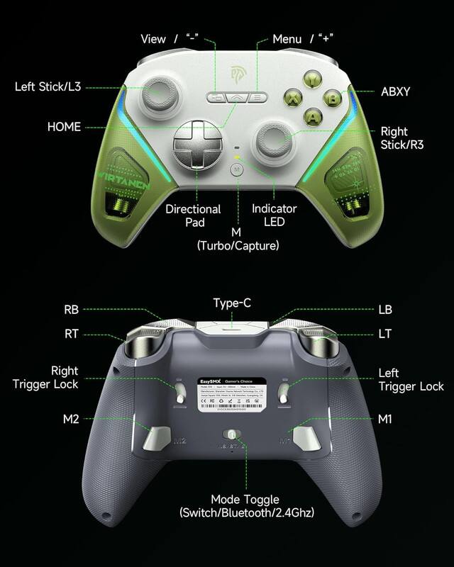 View / Menu / "+" + Left Stick/L3 AB HOME A Right Stick/R3 M WIRTANEN Directional Indicator Pad LED M (Turbo/Capture) 14N RB Type-C LB RT LT Right Trigger Lock EmySMX Left Trigger Lock M2 M1 M2 M1 Mode Toggle (Switch/Bluetooth/2.4Ghz)