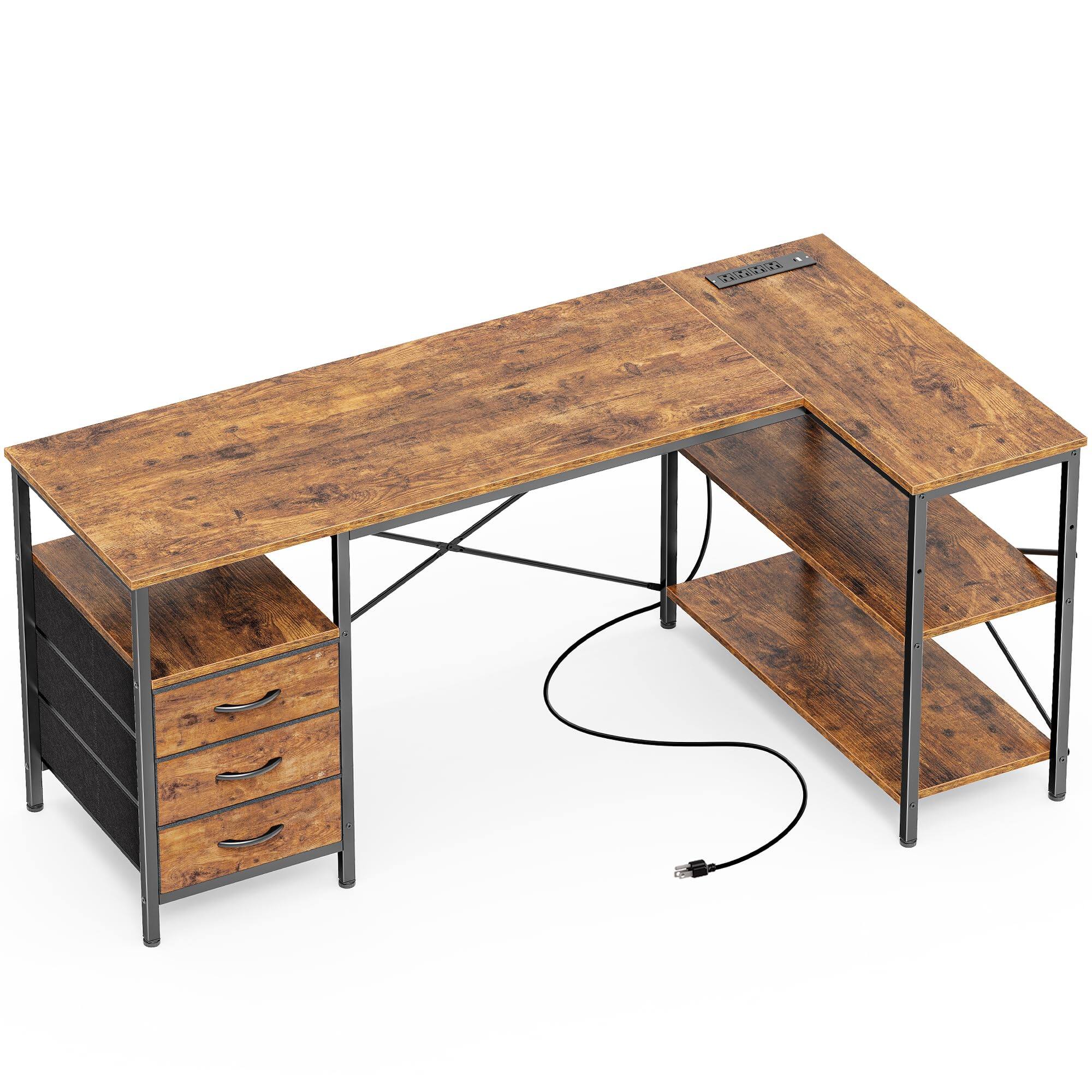 Front. Hirose Alice - Huuger L Shaped Office Desk with Power Outlets, nch Computer Desk with 3 Drawers, Shelves, Reverisble for G... - Rustic Brown 55inch.