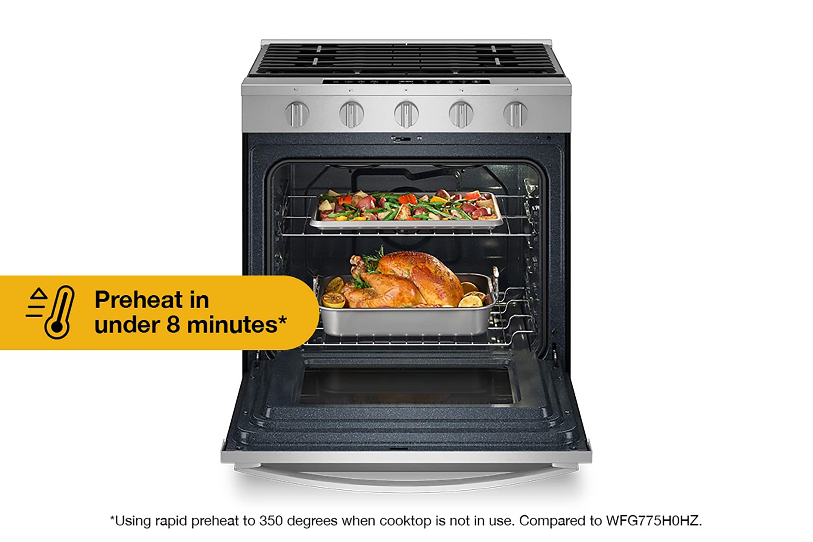 Using rapid preheat to 350 degrees when cooktop is not in use, the oven can preheat in under 8 minutes. Compared to WFG775H0HZ.