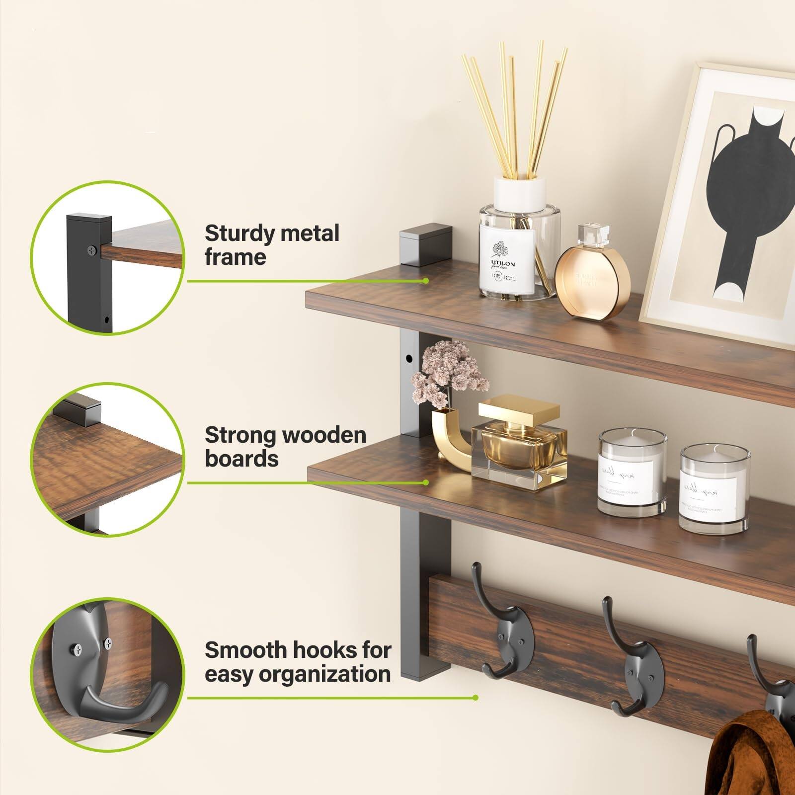 Sturdy metal frame  
Strong wooden boards  
Smooth hooks for easy organization
