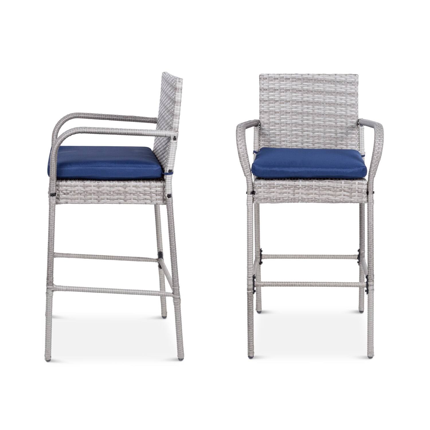 Angle. Hivvago - Set of 2 Grey Indoor/Outdoor Wicker Bar Stools w/ 2 Blue Cushions - Gray.
