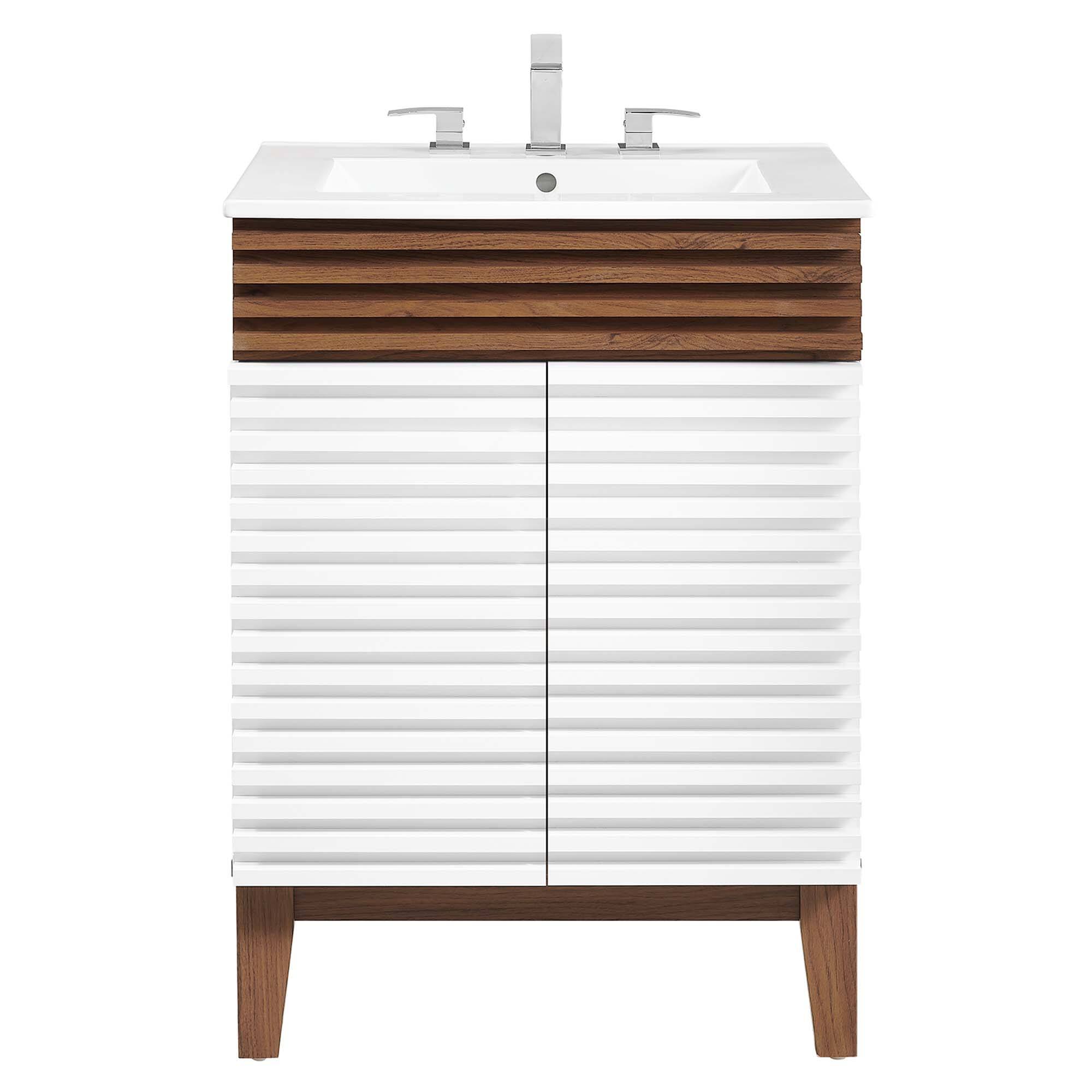 Alt View 2. Modway - Render 18" and 24" Bathroom Vanities with White Basin Included - White Walnut White.