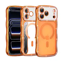 Dteck - Shockproof Glitter Rhinestone Phone Case for Apple iPhone 18 Pro, Electroplated Luxury Clear Back Protective Cover - Orange