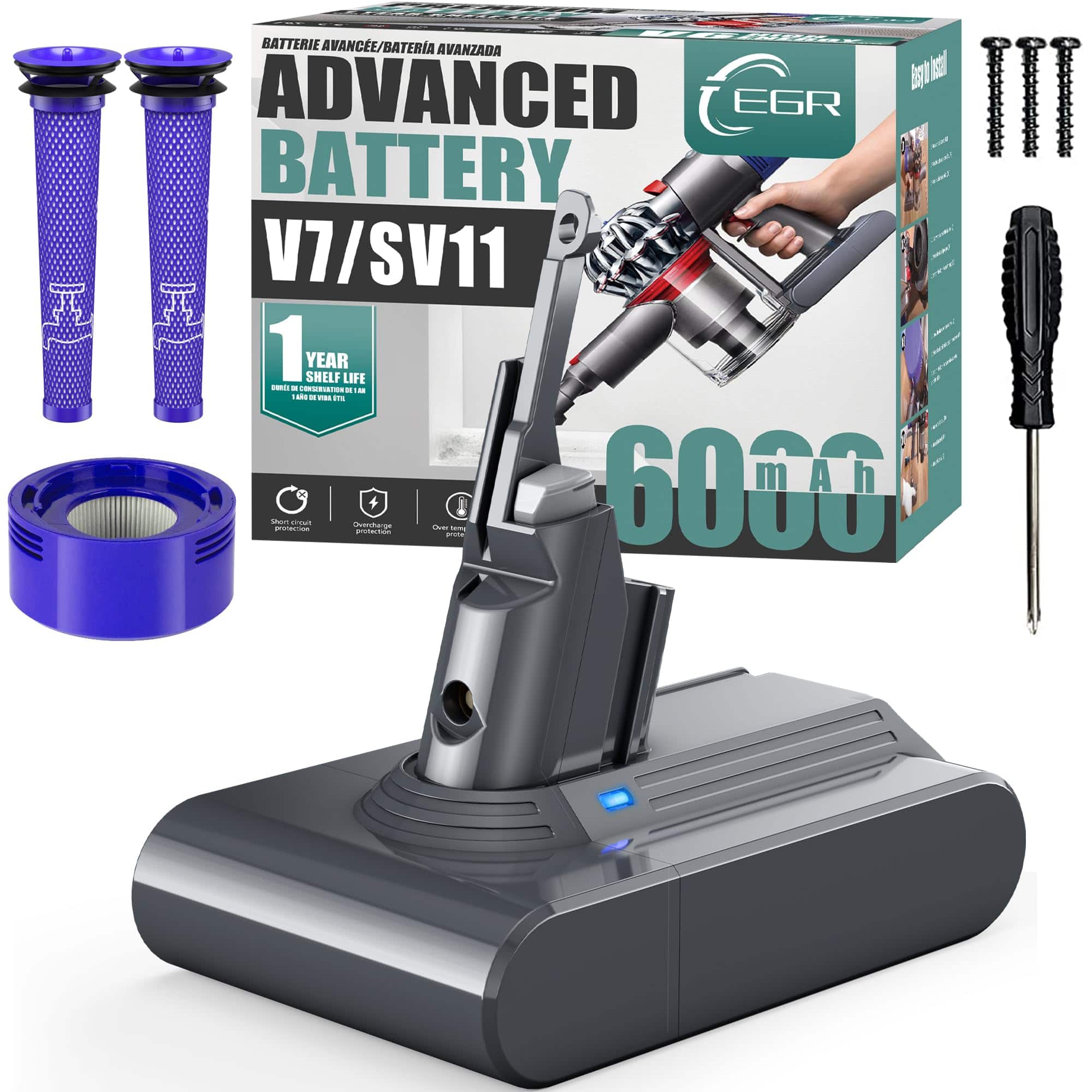 Simple Plus+ - Replacement for Dyson V7 Battery: 6000mAh 21.6V Compatible with V7 Motorhead Animal Absolute SV11 Vacuum + 4 Filters