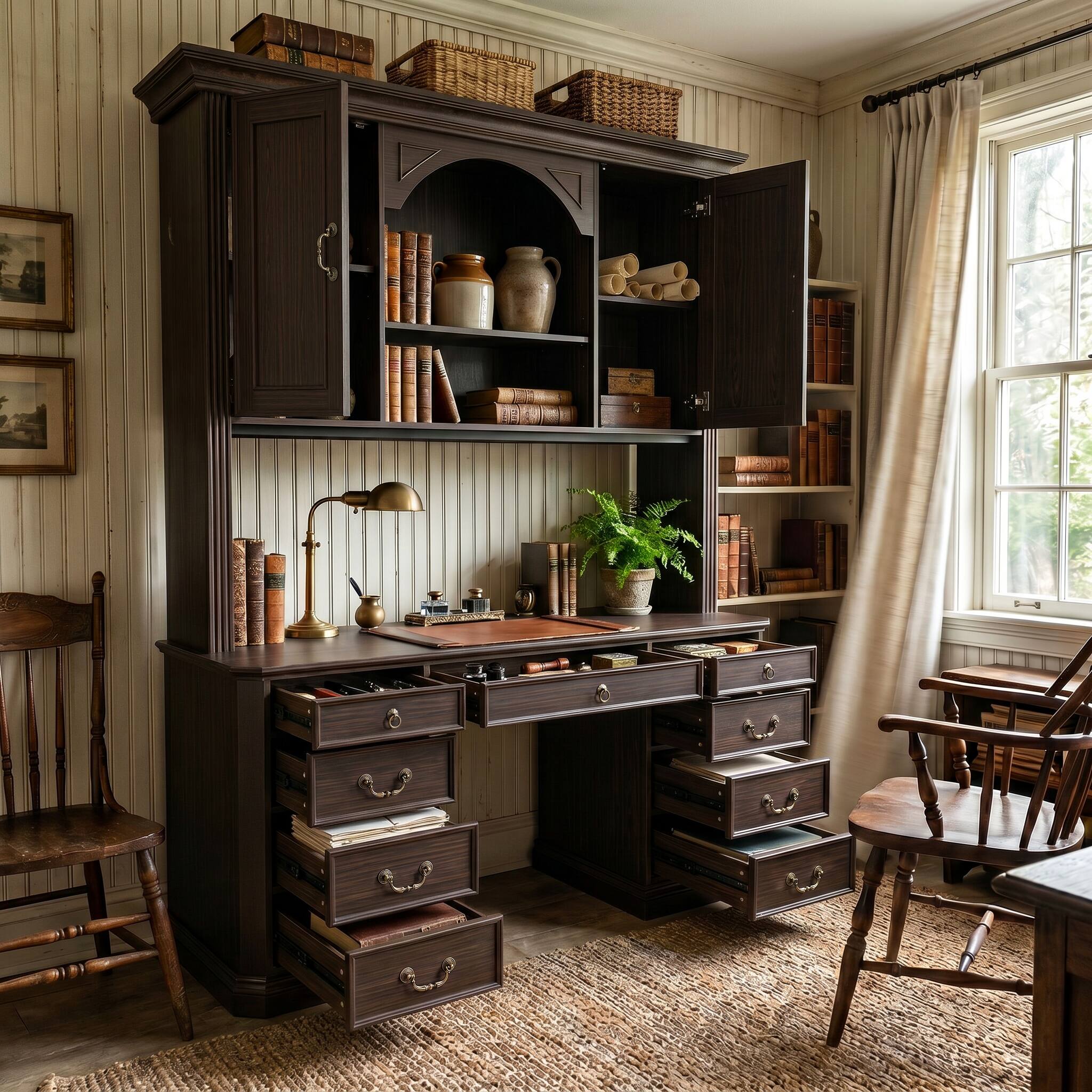 Alt View 2. Famapy - Bookcase Desk with Hutch & Drawers, Large Computer Desk with Arched Shelves for Home Library Student Writing Station - Dark Brown.