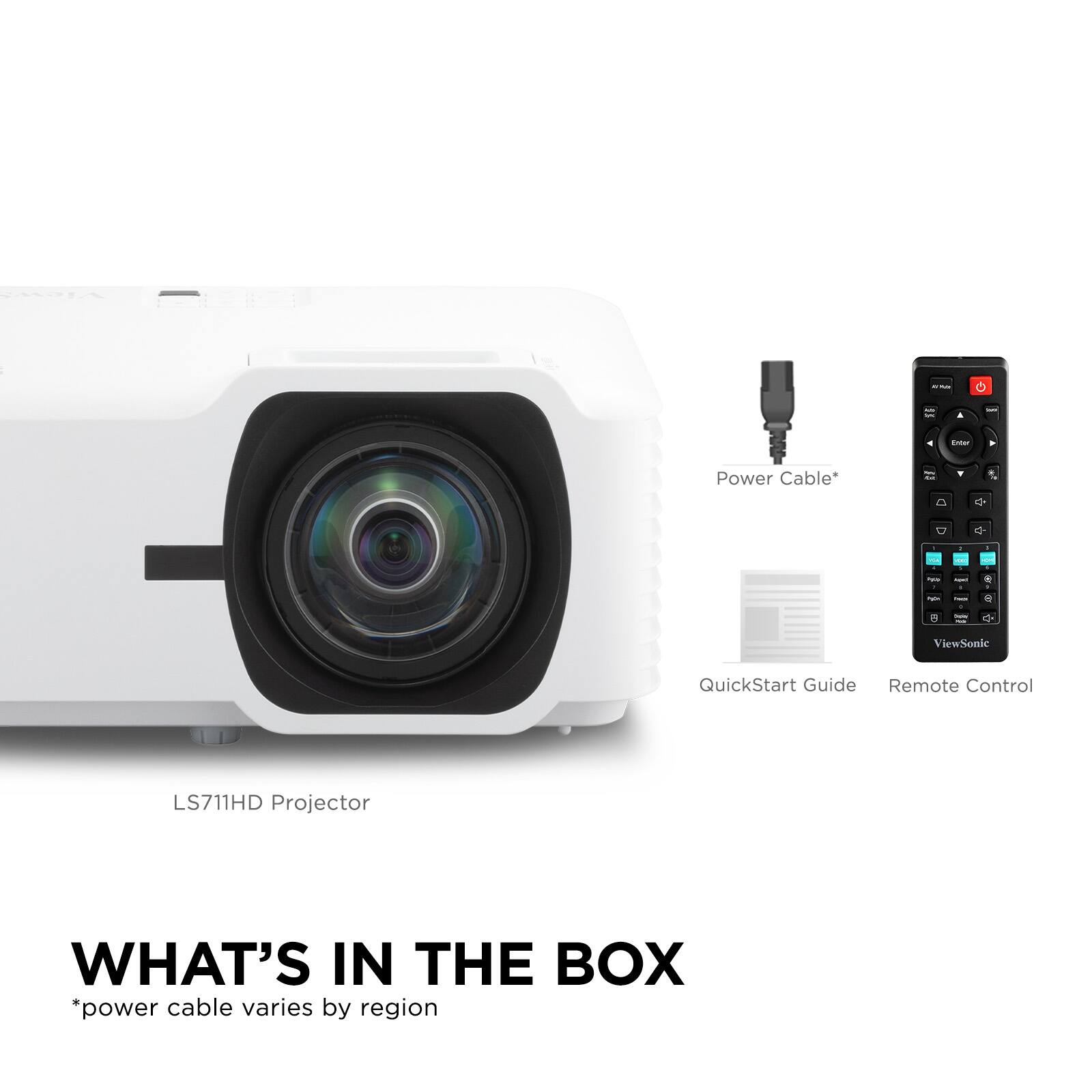 Power Cable*, QuickStart Guide, Remote Control, LS711HD Projector, WHAT'S IN THE BOX, *power cable varies by region