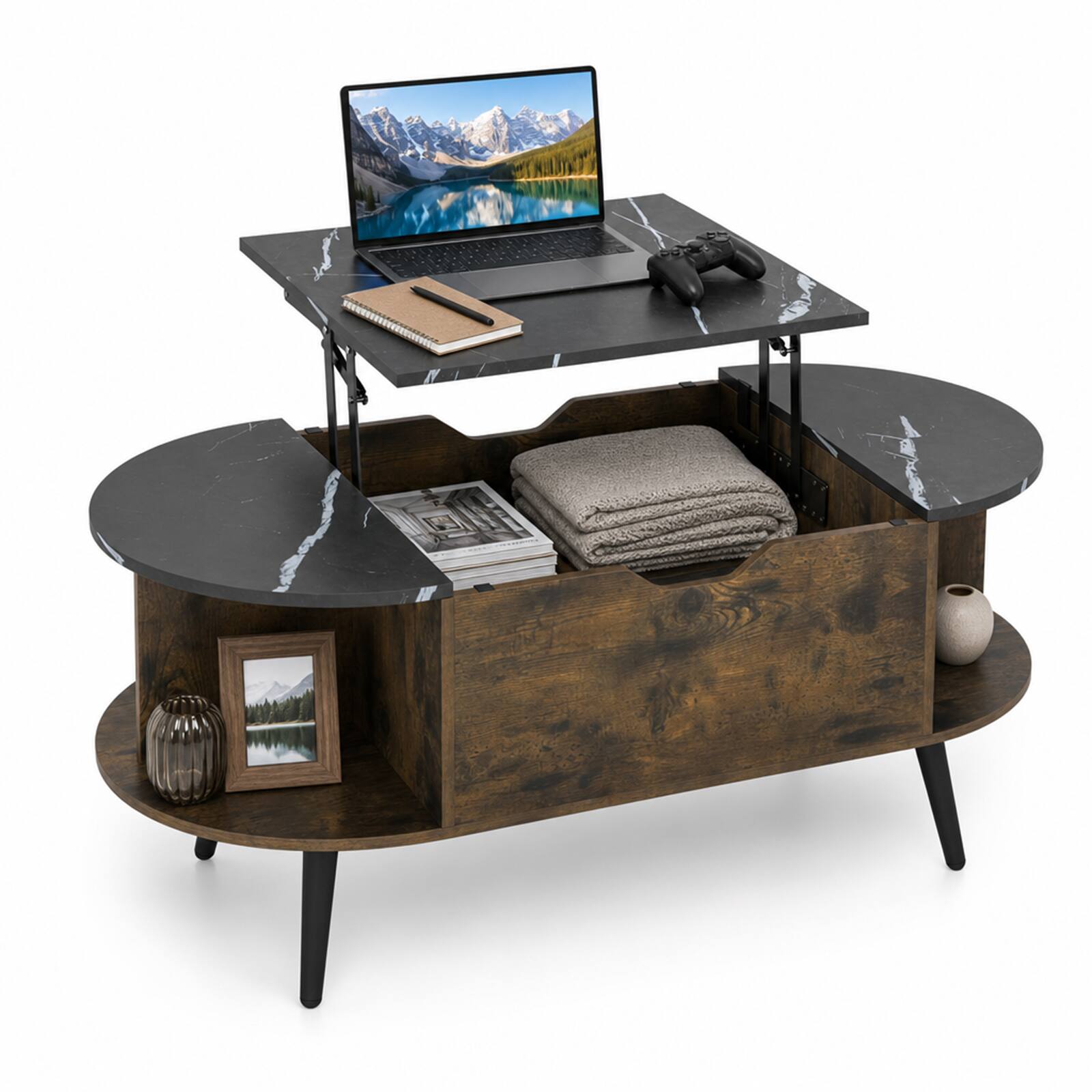 Alt View 1. Costway - Costway Faux Marble Lift Top Coffee Table with Hidden Compartment, Shelves for Living Room - Black & Rustic Brown.