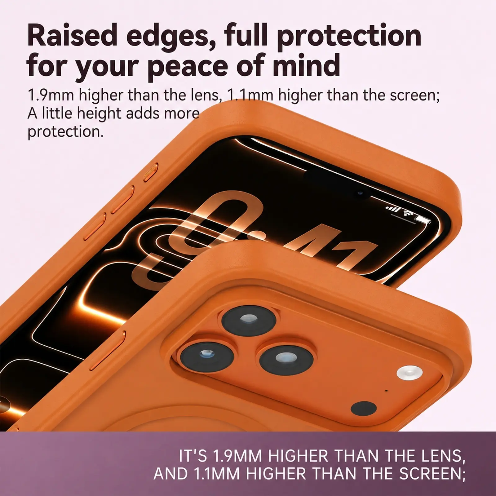 Raised edges, full protection for your peace of mind  
1.9mm higher than the lens, 1.1mm higher than the screen;  
A little height adds more protection.  

IT'S 1.9MM HIGHER THAN THE LENS, AND 1.1MM HIGHER THAN THE SCREEN;
