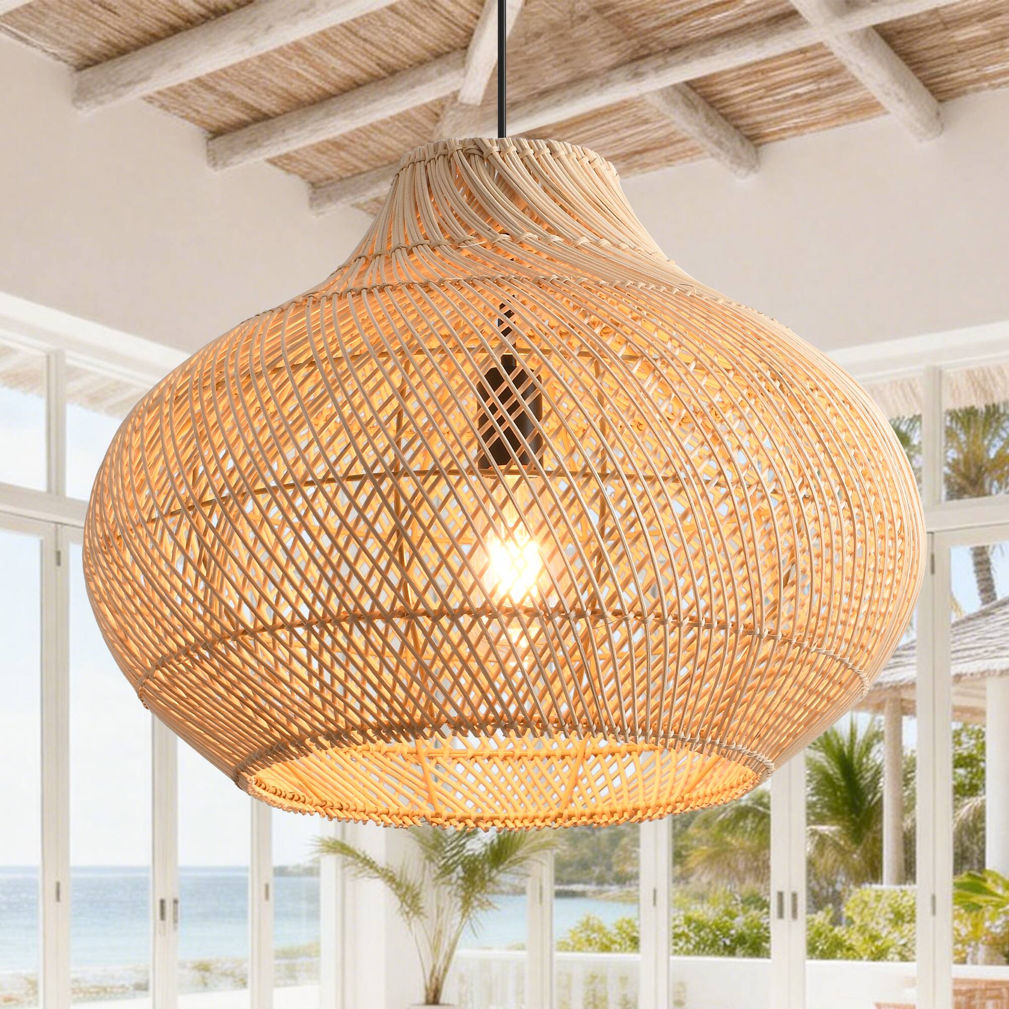 Alt View 1. Parrot Uncle - 1-Light Retro Brown Rattan Hand-Woven Dome Hanging Pendant Light - Brown.