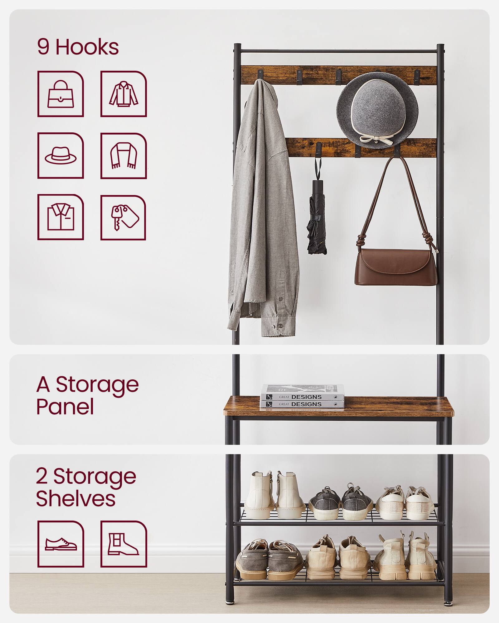 9 Hooks  
A Storage Panel  
2 Storage Shelves