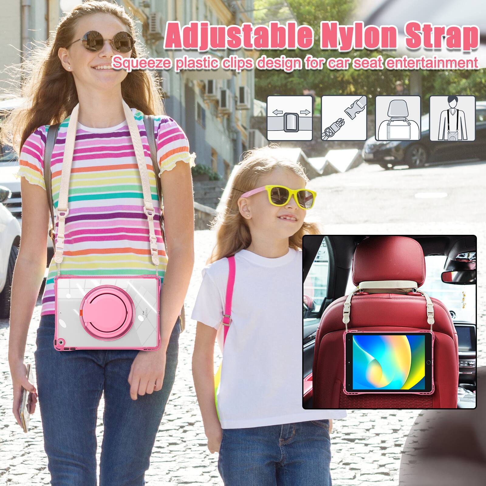 Adjustable Nylon Strap  
Squeeze plastic clips design for car seat entertainment