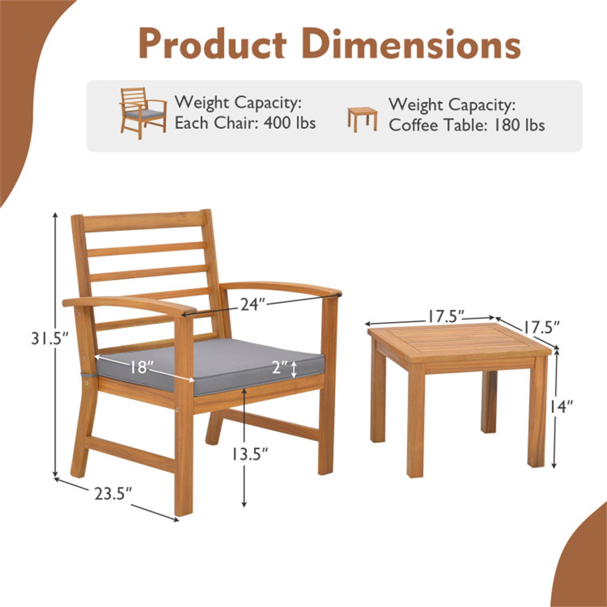 Product Dimensions

Weight Capacity: Each Chair: 400 lbs  
Weight Capacity: Coffee Table: 180 lbs

- Chair: 31.5" H x 18" W x 24" D  
  Seat Height: 13.5"  
  Seat Depth: 18"  
  Armrest Height: 2"

- Coffee Table: 17.5" W x 17.5" D x 14" H