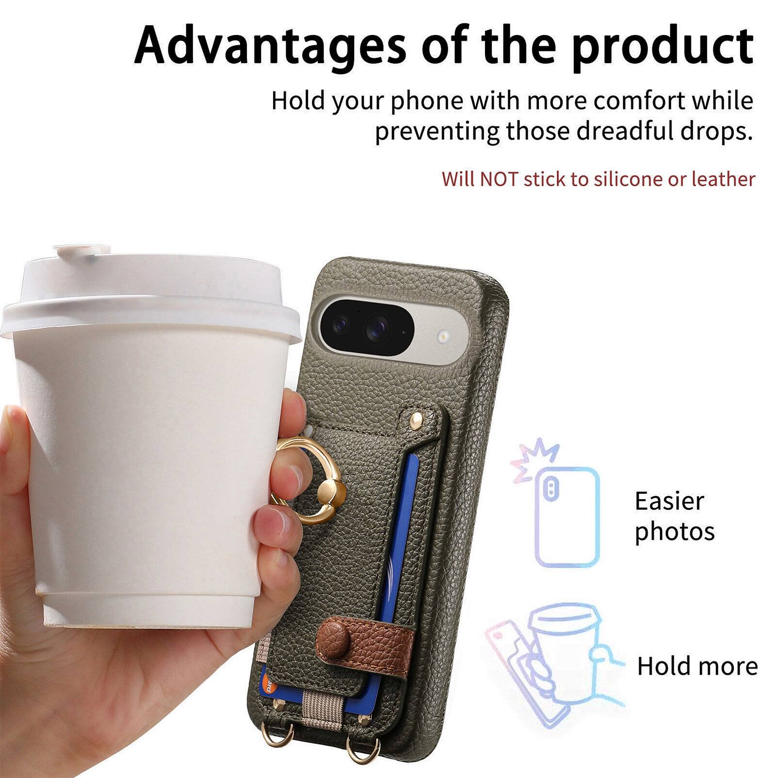 Advantages of the product

- Hold your phone with more comfort while preventing those dreadful drops.
- Will NOT stick to silicone or leather
- Easier photos
- Hold more