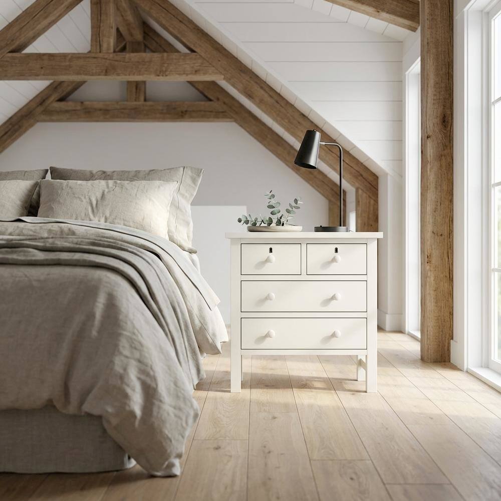 Angle. FurniFact - Antique White Nightstand with 4 Drawers and Faux Keyhole Accents - White.