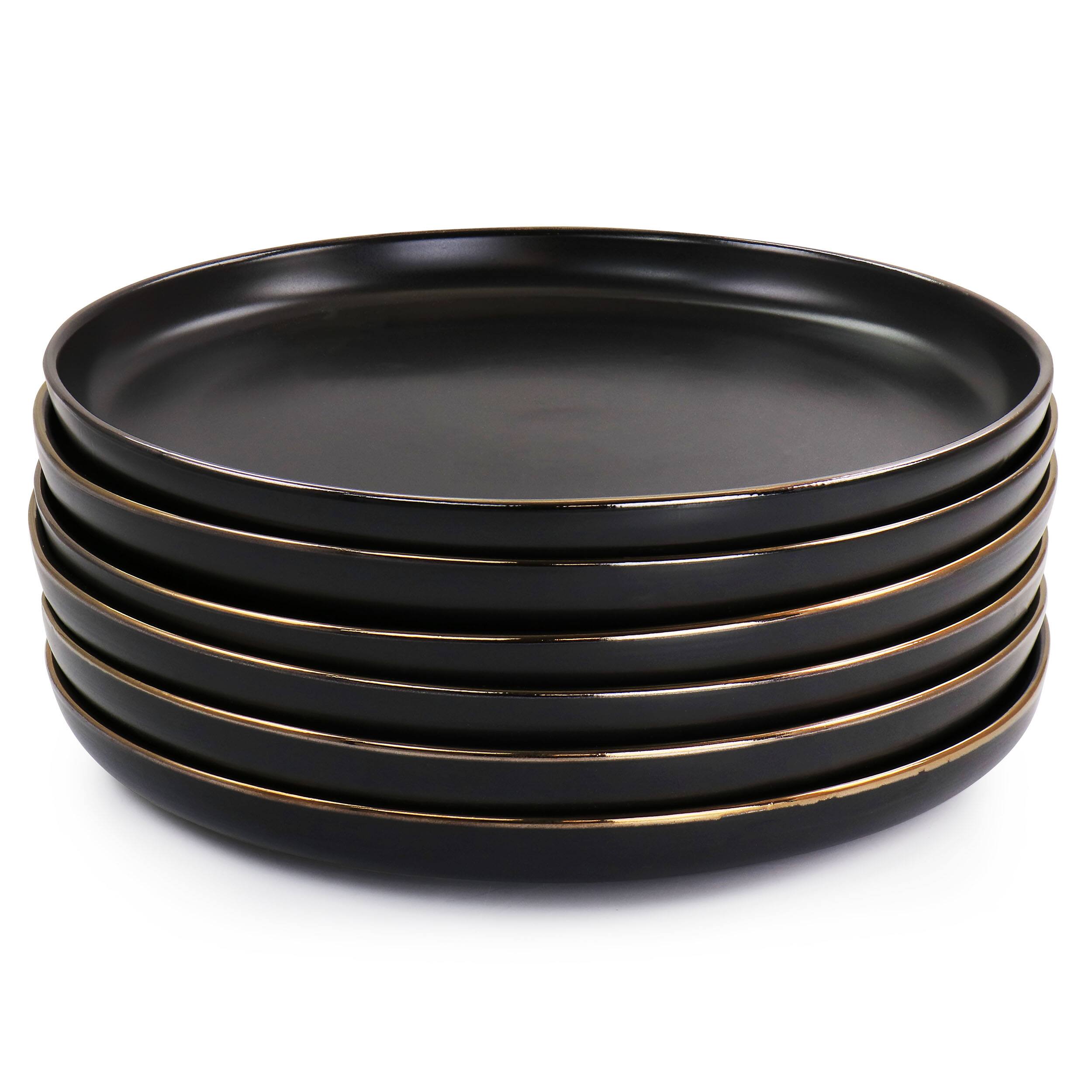 Alt View 1. Elama - Elama Paul 6 Piece Stoneware Dinner Plate Set in Matte Black with Gold Rim - Black.