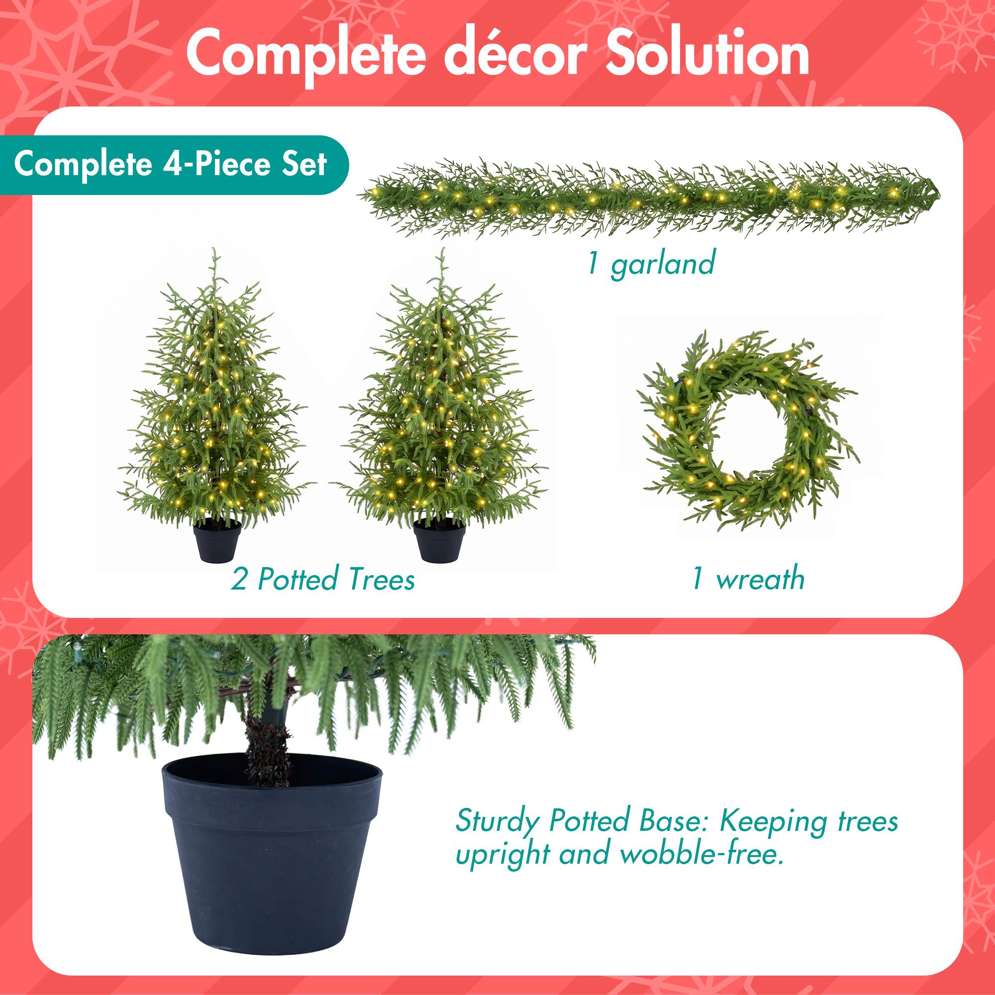 Jandcase 4 Piece Christmas Tree Set – 2 Trees with Sturdy Bases, 1 Pre ...