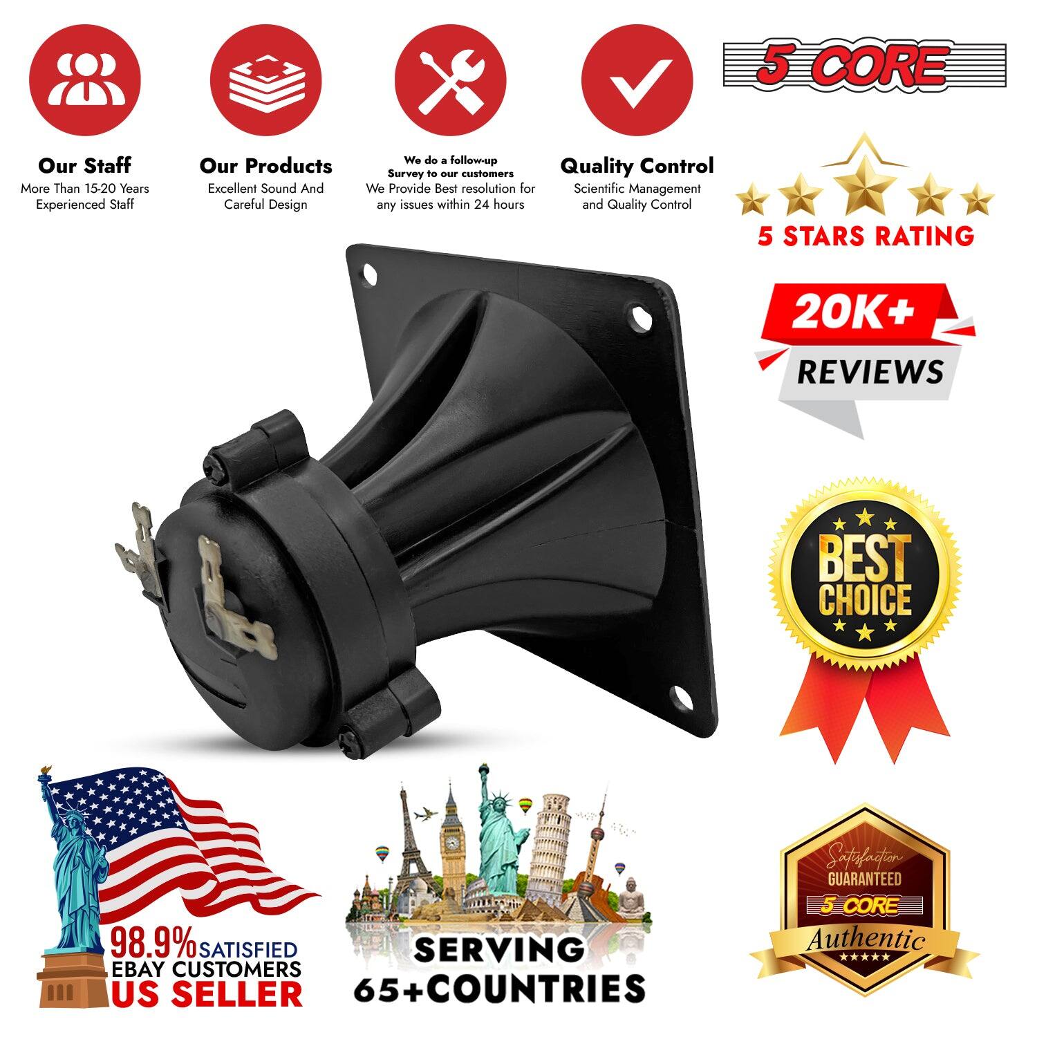 Here is the corrected and grouped text from the image:

---

**5 CORE**

- **Our Staff**: More Than 15+20 Years Experienced Staff
- **Our Products**: Excellent Sound, Careful Design
- **We do a follow-up**: Provide Best resolution for any issues within 24 hours
- **Quality Control**: Survey P customers, Scientific Management, and Quality Control

**5 STARS RATING**

- **20K+ REVIEWS**
- **BEST CHOICE**
- **98.9% SATISFIED**
- **SERVING EBAY CUSTOMERS**
- **US SELLER**
- **65+ COUNTRIES**
- **SATISFACTION GUARANTEED**
- **5 CORE Authentic**

---

This text highlights the key features and assurances of the product and seller.