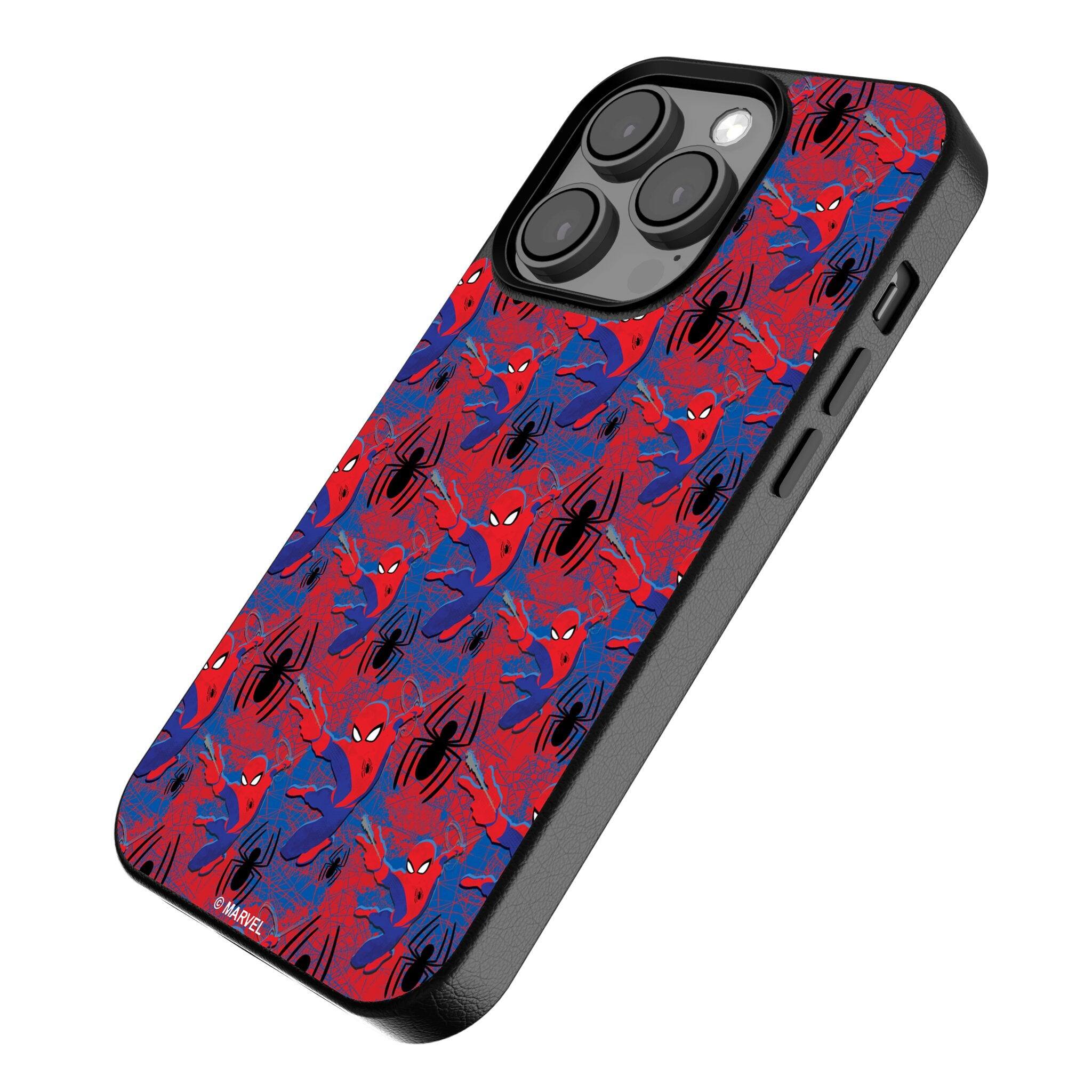 Angle. Keyscaper - Marvel Pattern MagSafe Compatible Phone Case - Apple iPhone 15 Pro - Spider-Man.