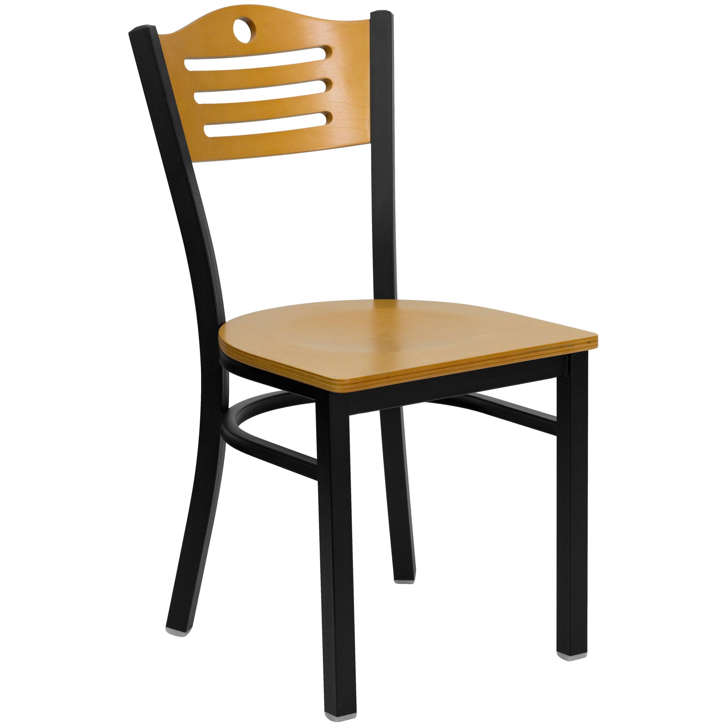 Front. Emma + Oliver - Slat Back Metal Restaurant Dining Chair - Natural Wood Back/Natural Wood Seat/Black Metal.