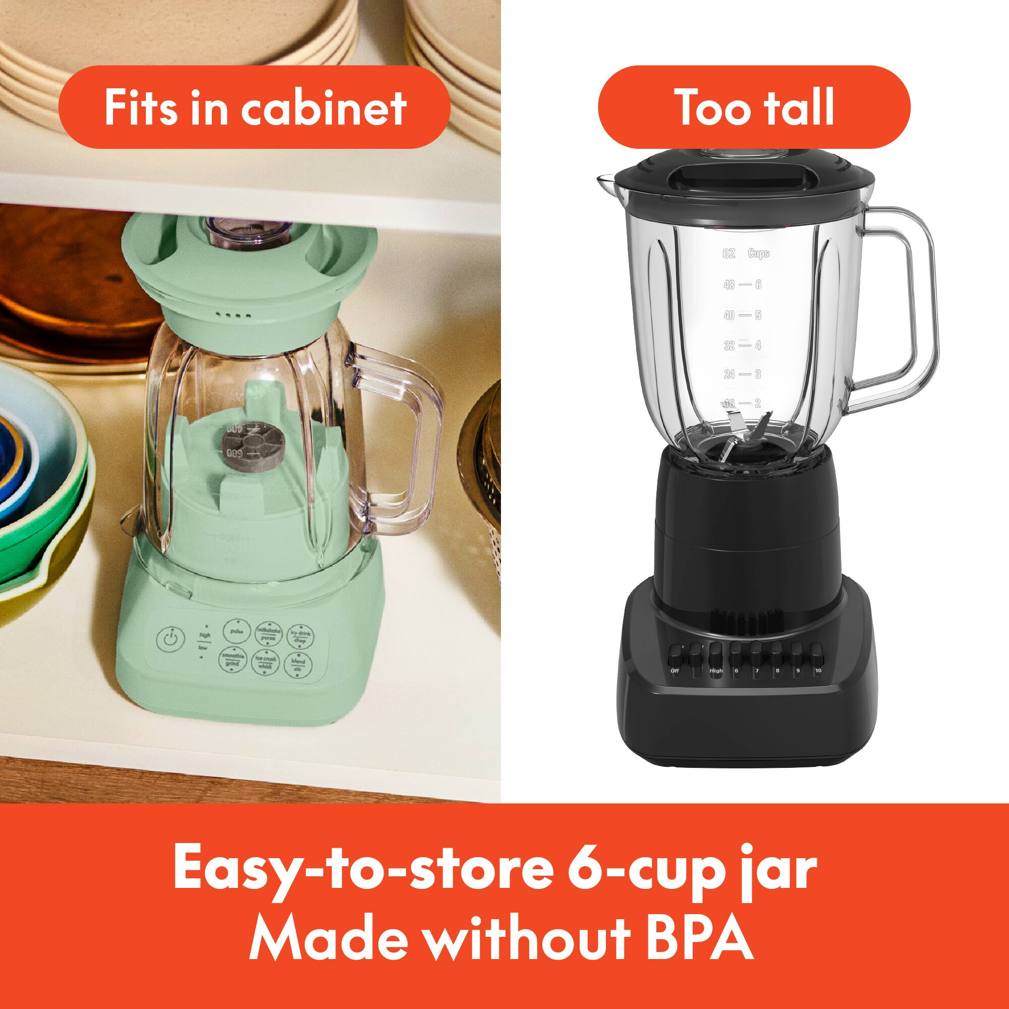 Fits in cabinet

Too tall

Easy-to-store 6-cup jar
Made without BPA