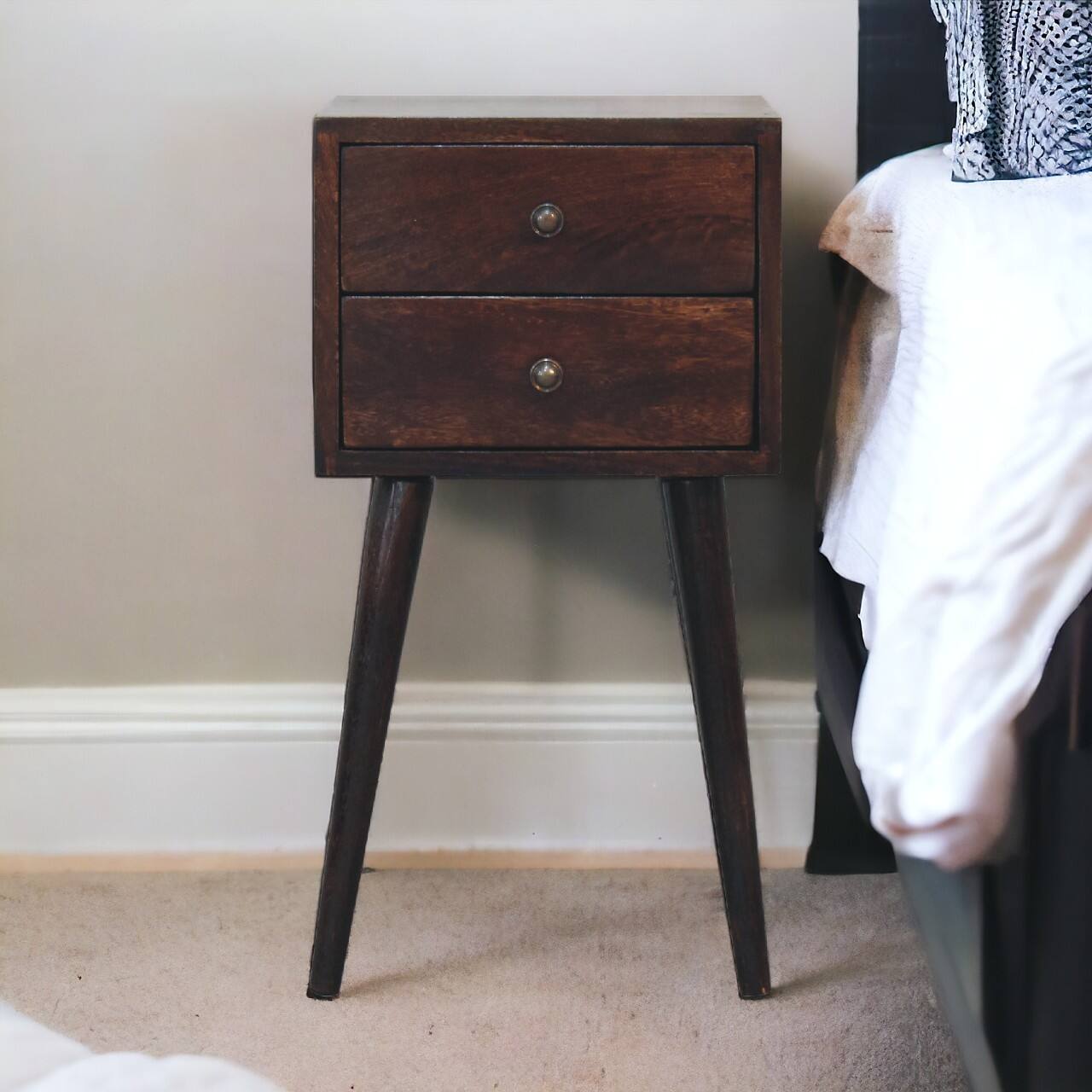 Angle. Artisan Furniture - Artisan Furniture Solid Wood Mini Light Walnut Nightstand, 2 Drawer, Nordic Legs, Dark Brown - Chestnut.