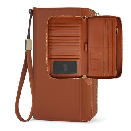 Front. Jadie Link - Large Travel Wallet Women Rfid Zipper Airtag Slot Passport Holder Clutch Wristlet Smart, Stylish, DurableThis leather - Brown.