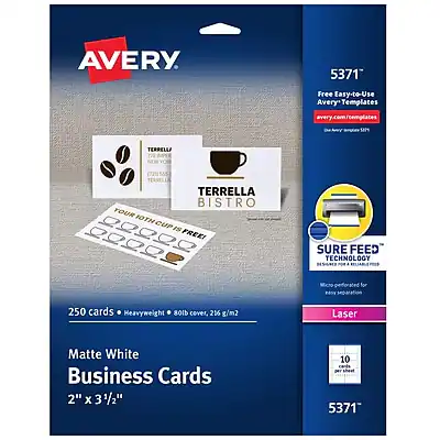 AVERY
5371
Free Easy-to-Use Avery Templates
avery.com/templates
TERRELLA
TERRELLA BISTRO
YOUR 10TH CUP IS FREE!
SURE FEED TECHNOLOGY
Micro-perforated for easy feeding
250 cards
Heavyweight
60lb cover, 216 g/m2
Laser Matte White Business Cards
2" x 3 1/2"
Laser
5371