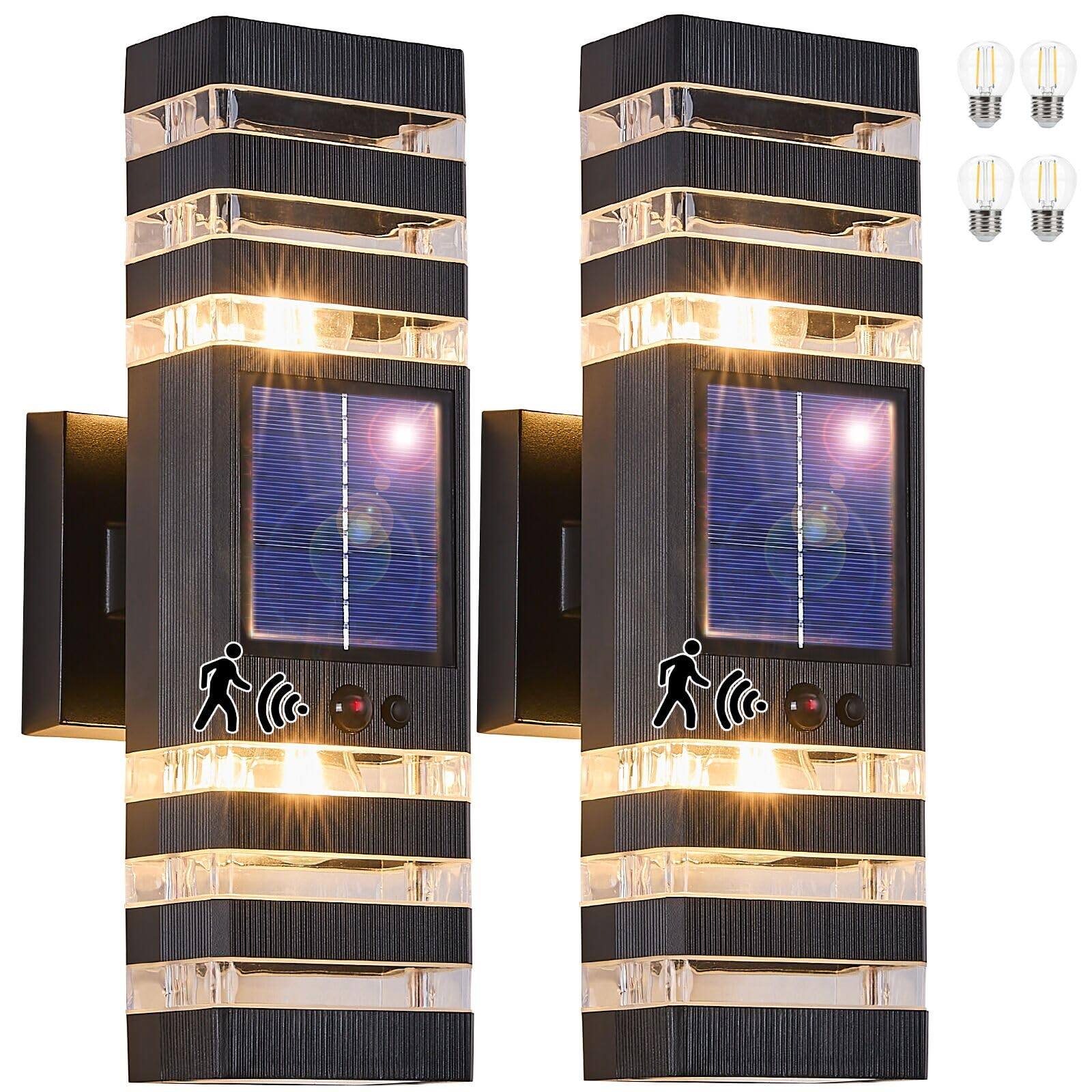 Front. PO3TICJUNKI3 - Oil Rubbed Bronze Solar Outdoor Wall Lights With mode Motion Sensor Outside Sconces Up Down Porch Light Fi - 2 Pack+Solar+motion sensor【Black】.