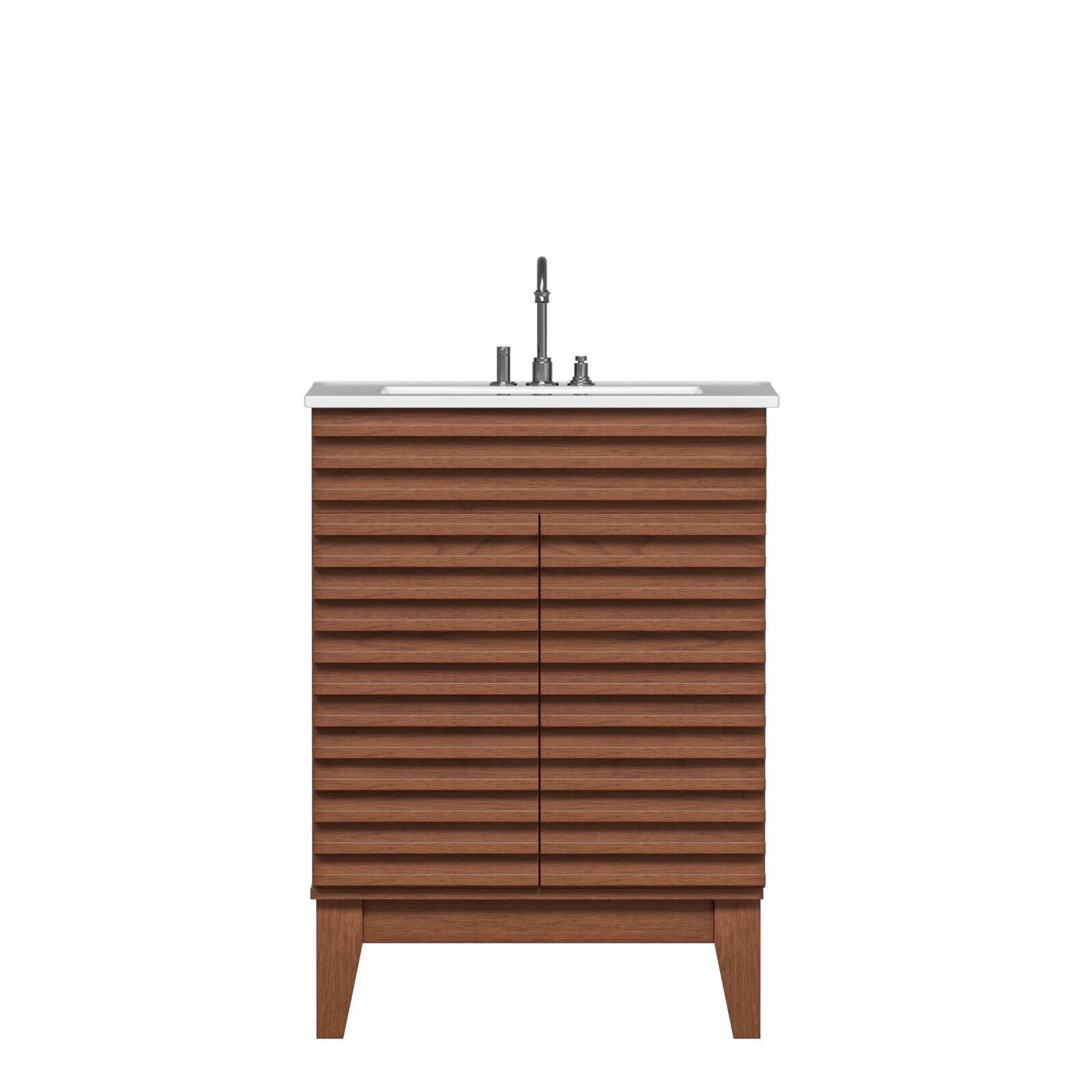 Alt View 5. LOVMOR - LOVMOR 24-in W Walnut Freestanding Bathroom Vanity with Undermount Ceramic Sink and 2-Level Storage - Walnut.