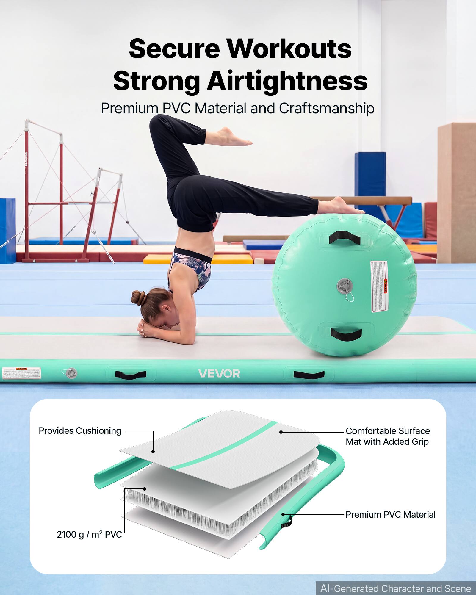 Secure Workouts Strong Airtightness Premium PVC Material and Craftsmanship

VEVOR Provides Cushioning Comfortable Surface Mat with Added Grip

Premium PVC Material 2100 g / m² PVC

AI-Generated Character and Scene