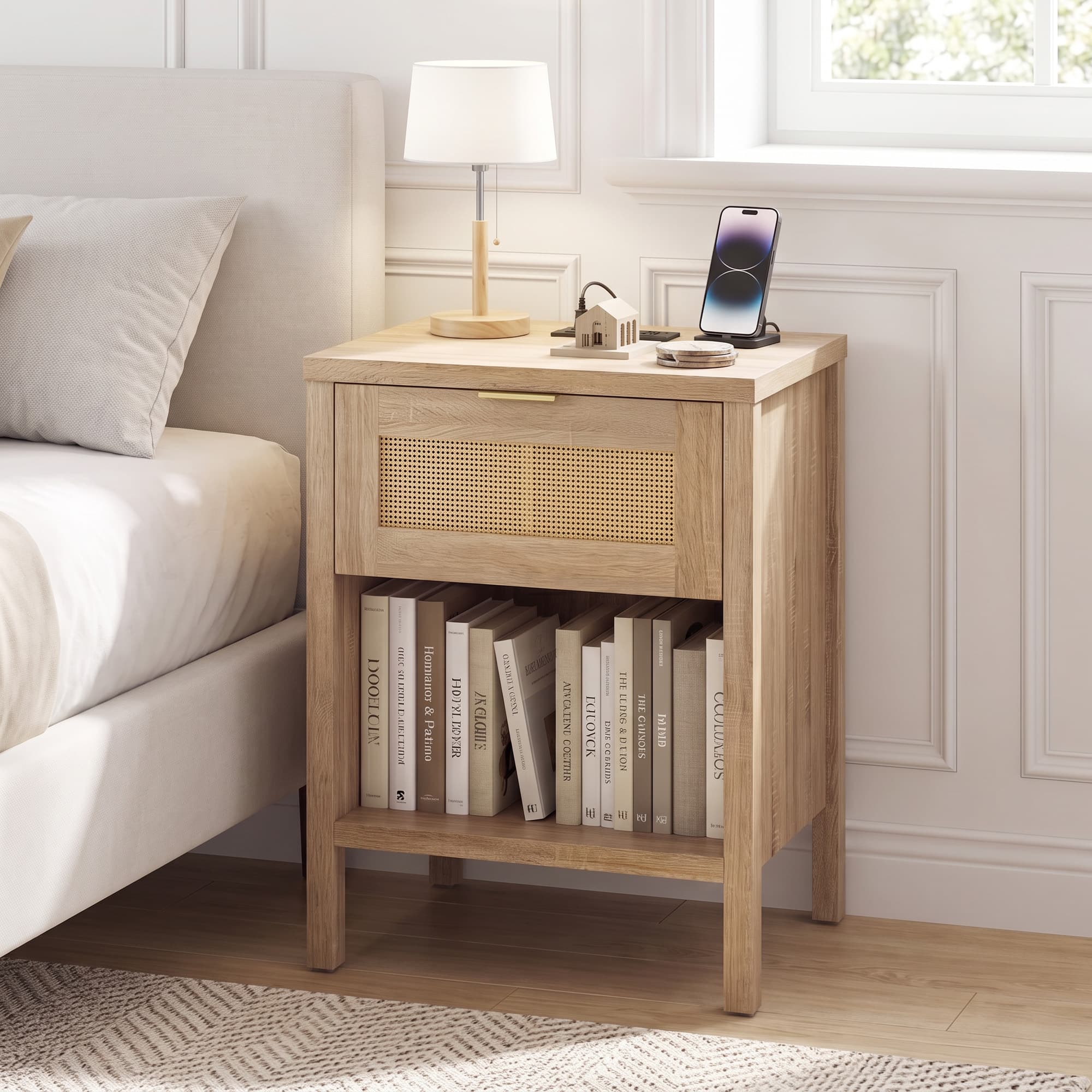 WELLFOR - Rattan Nightstand with Charging Station and Storage Shelf - Oak