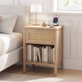 WELLFOR - Rattan Nightstand with Charging Station and Storage Shelf - Oak