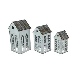 Zeckos - Set of 3 Rustic Country Farmhouse Metal House Shaped Candle Holders - White