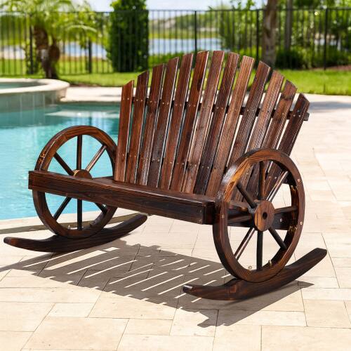 Alt View 7. Winado - 36inch Wooden Wagon Adirondack Rocking Chair Rustic with High Back, Slatted Seat, Wheel Armrest for Indoor Outdoor Porch - Carbonized.