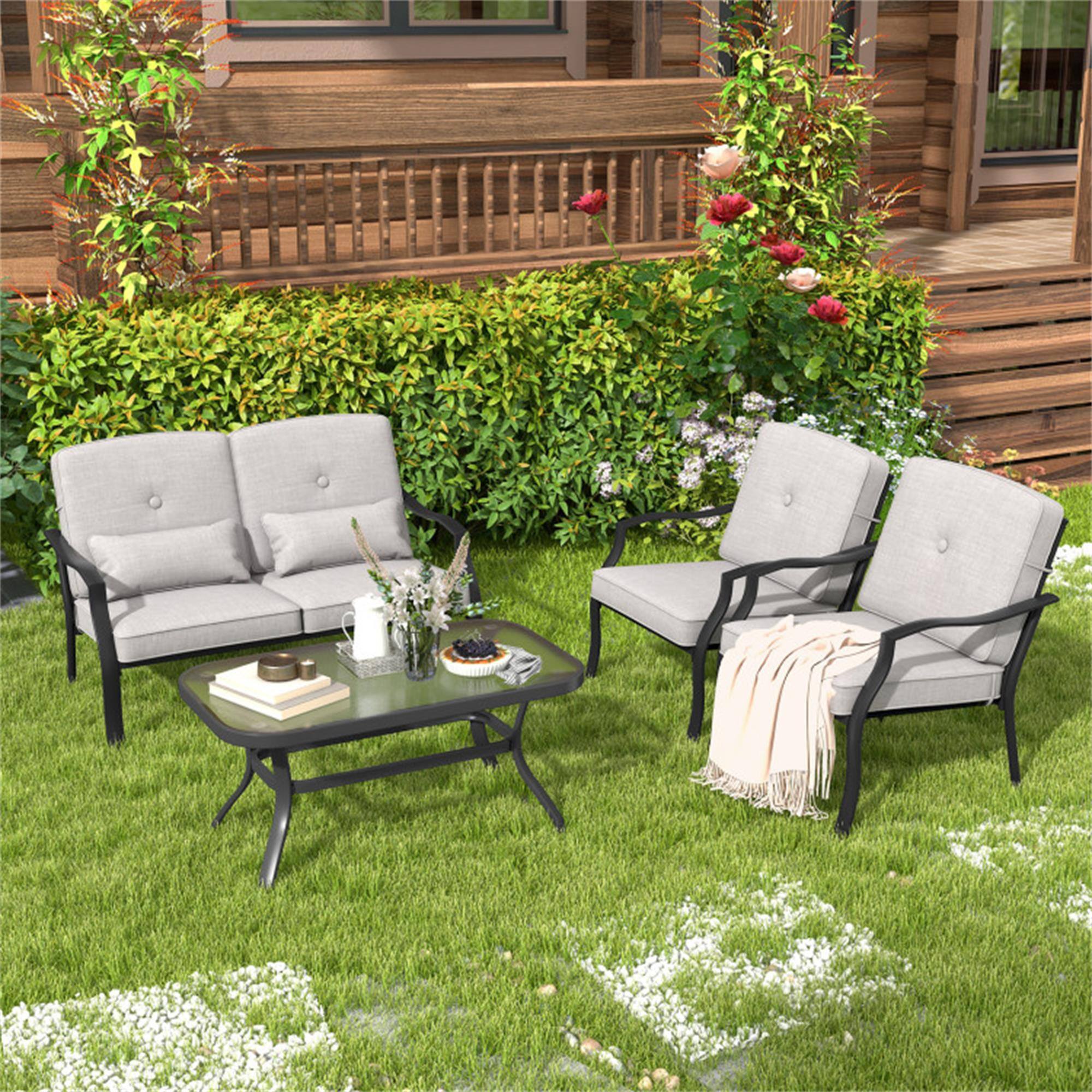 Alt View 2. Boyel Living - Gray Outdoor Loveseat Chair Set with Tempered Glass Coffee Table 48-in L x 30-in W x 29-in H - Gray.