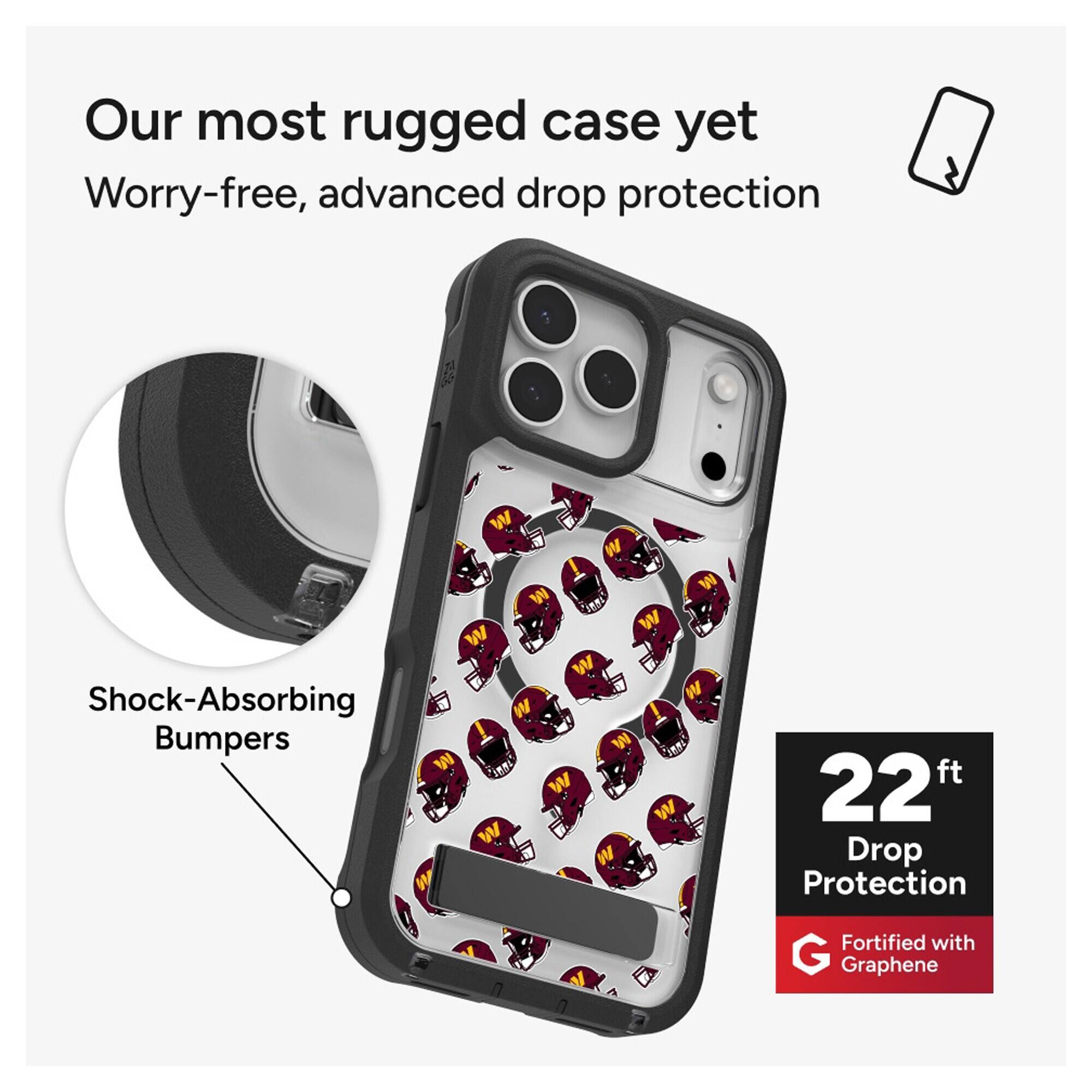 Our most rugged case yet  
Worry-free, advanced drop protection  
Shock-Absorbing Bumpers  
22 ft Drop Protection  
Fortified with Graphene