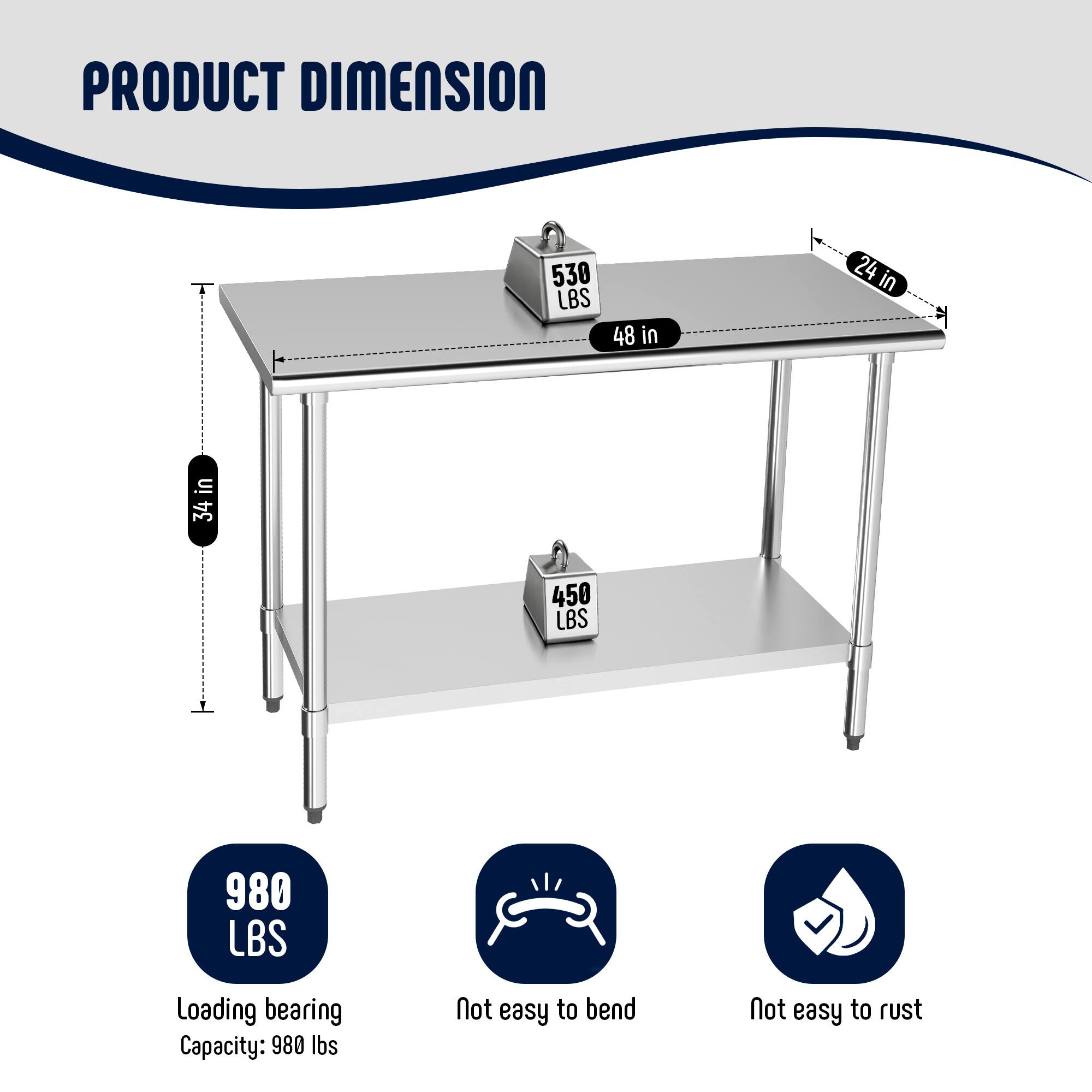 PRODUCT DIMENSION  
530 LBS  
48 in x 24 in  
34 in  
450 LBS  

Loading bearing Capacity: 980 lbs  
Not easy to bend  
Not easy to rust